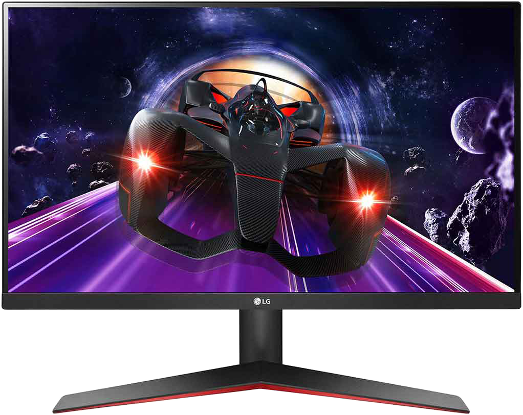 LG monitor versenyautó grafikával, fekete kerettel, piros talp részletekkel.