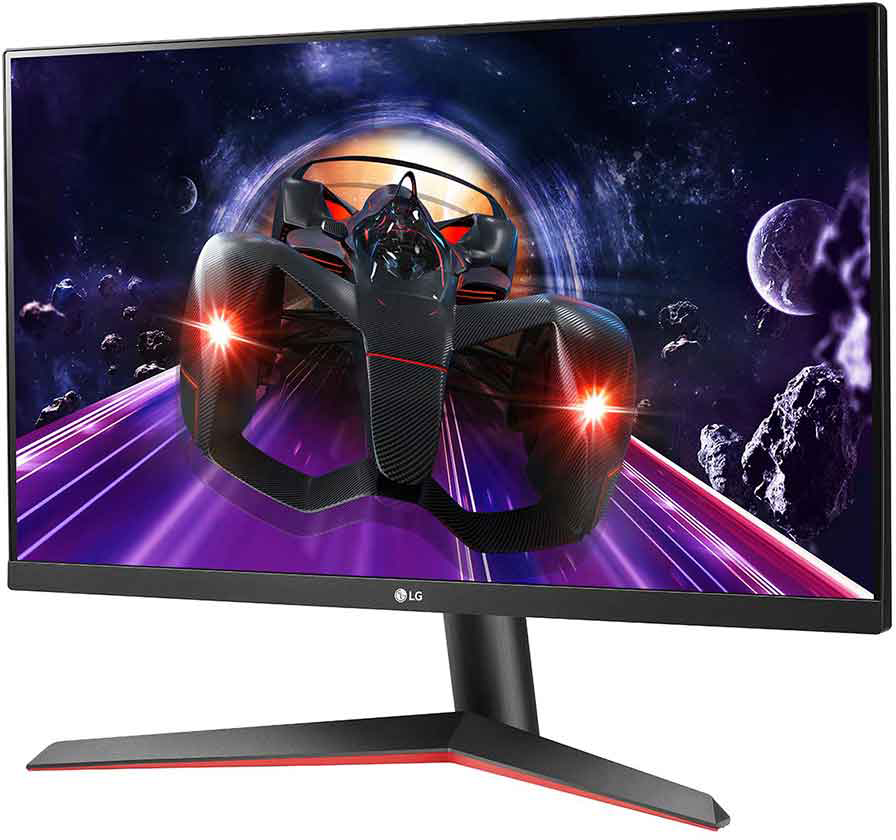 Fekete-piros LG monitor versenyautóval a képernyőn, űr háttér előtt.