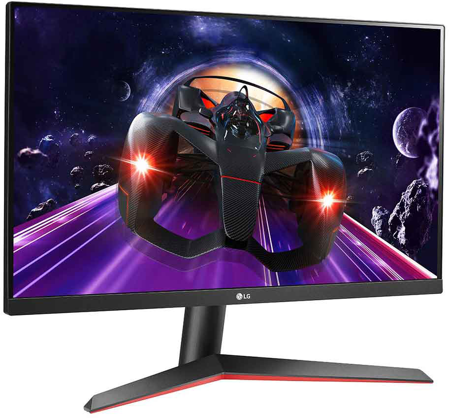 Egy LG monitor űrbéli versenyautót mutat. Fekete keret piros díszítéssel, állványon.
