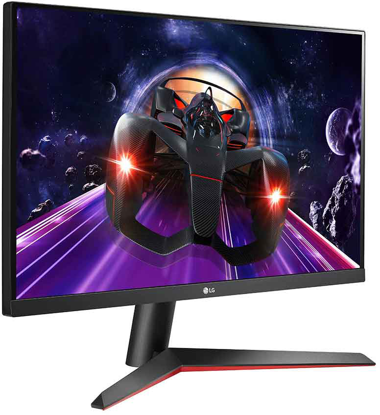LG monitor egy futurisztikus versenyjátékot mutat. Fekete keret és állvány piros akcentussal.