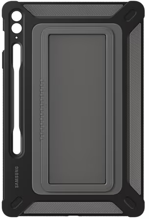 Étui de tablette noir avec un porte-stylet, un protecteur d'écran et des bords robustes.