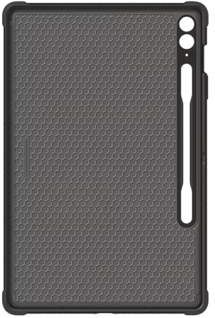 Étui de tablette noir avec motif en nid d'abeille. Possède une découpe pour un stylet.