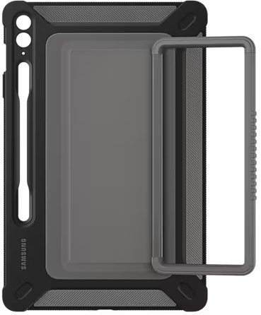 Étui de tablette noir et gris avec poignée et porte-stylo.