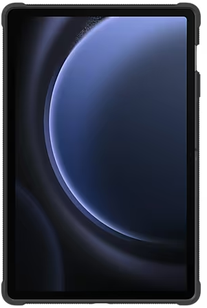 Une tablette avec un cadre noir. L'écran affiche un design bleu et violet.