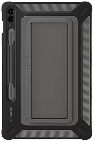 Un étui de tablette noir robuste avec un emplacement pour stylo, une caméra et un cadre gris.