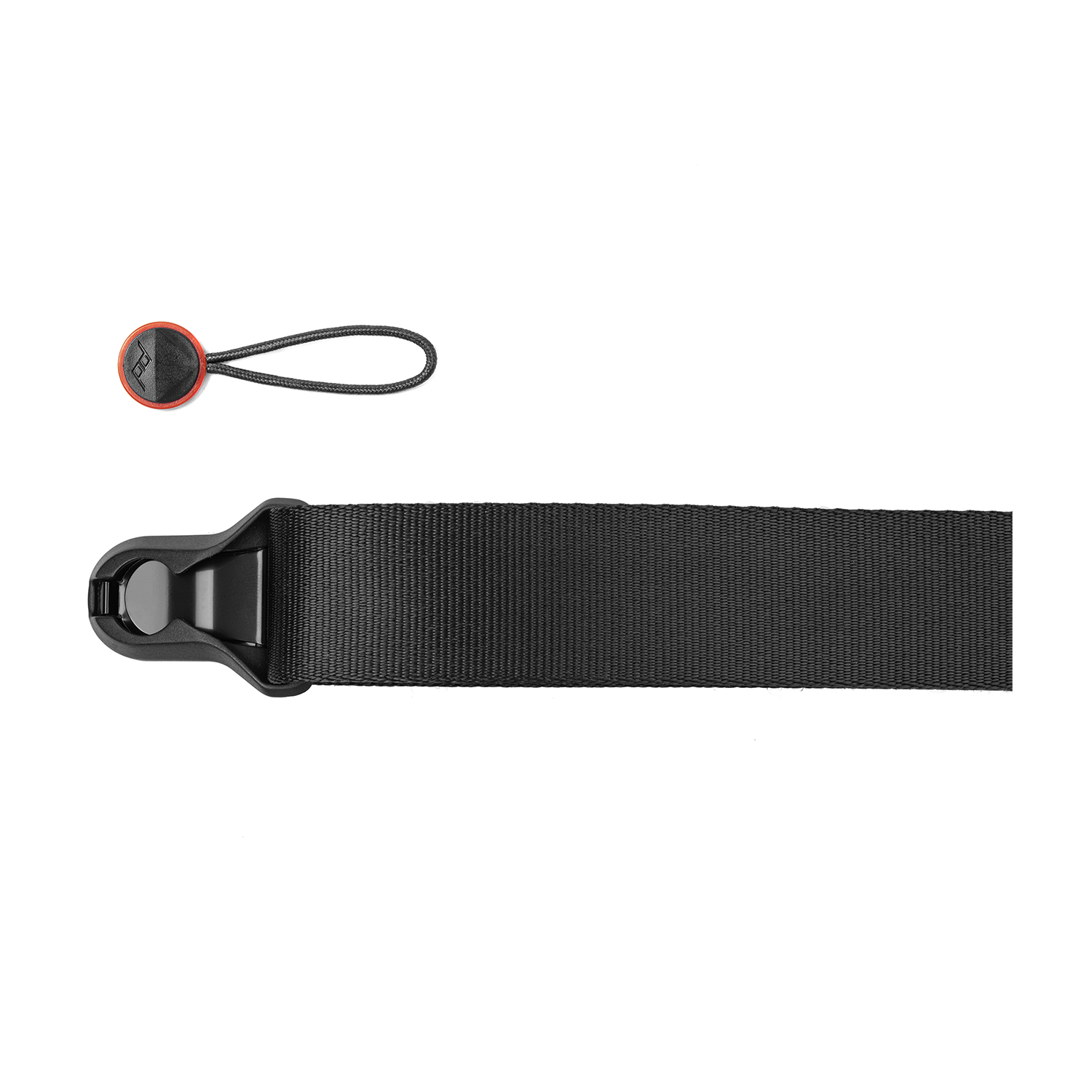 Cinturino nero per fotocamera con fibbia nera e connettore rosso/nero.