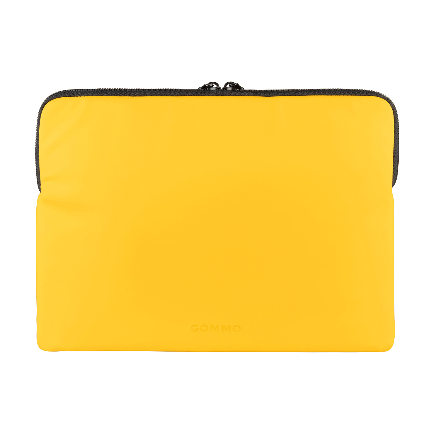 Una custodia per laptop gialla con cerniera nera. Il marchio è GOMMO.