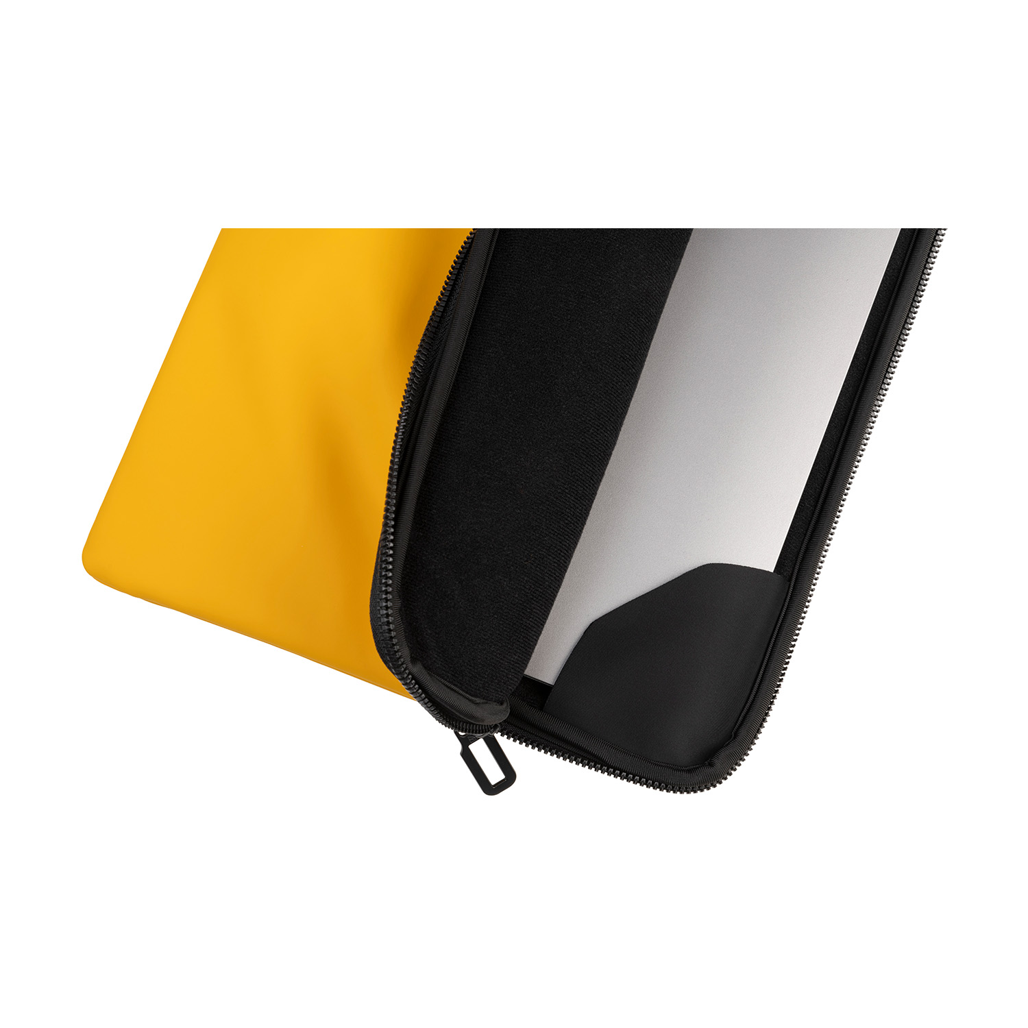 Una custodia gialla per laptop parzialmente aperta, che rivela un laptop. Cerniera nera.