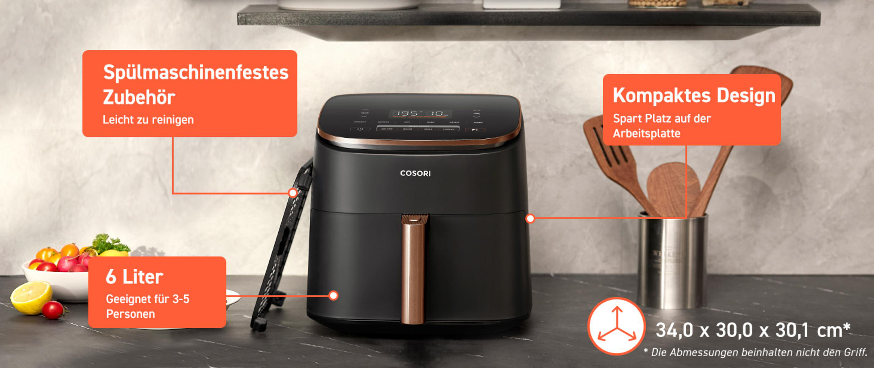 Eine Heißluftfritteuse auf einer Arbeitsplatte mit Textbeschriftungen und Lebensmitteln.