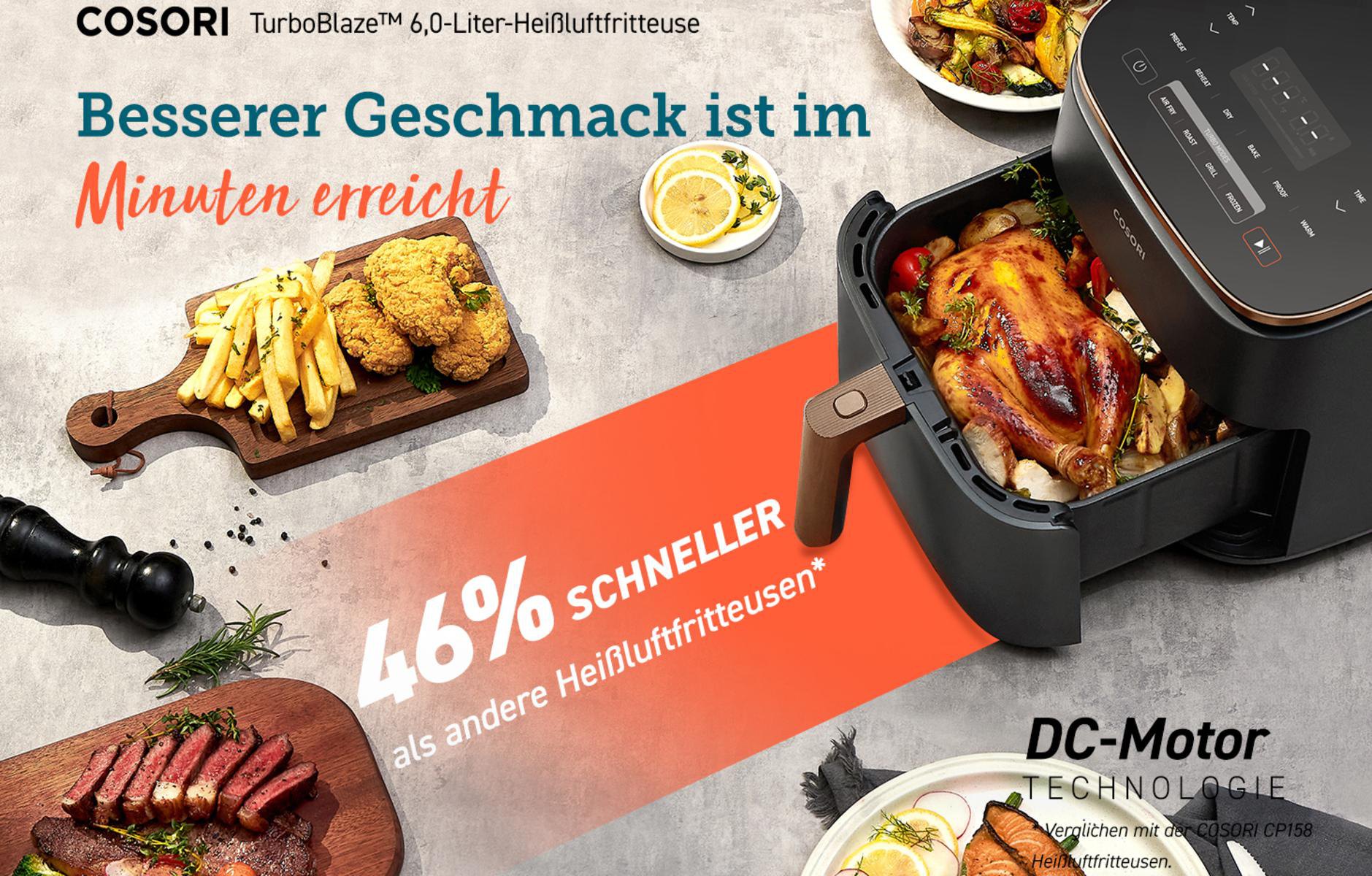 Eine Werbung für eine Cosori-Heißluftfritteuse mit Essen, die frittierte Speisen und ein ganzes Huhn zeigt.