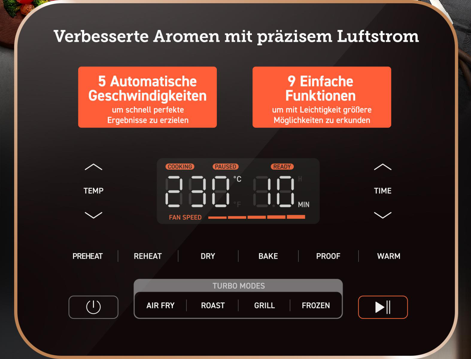 Ein schwarzes Bedienfeld für eine Heißluftfritteuse mit verschiedenen Funktionstasten.