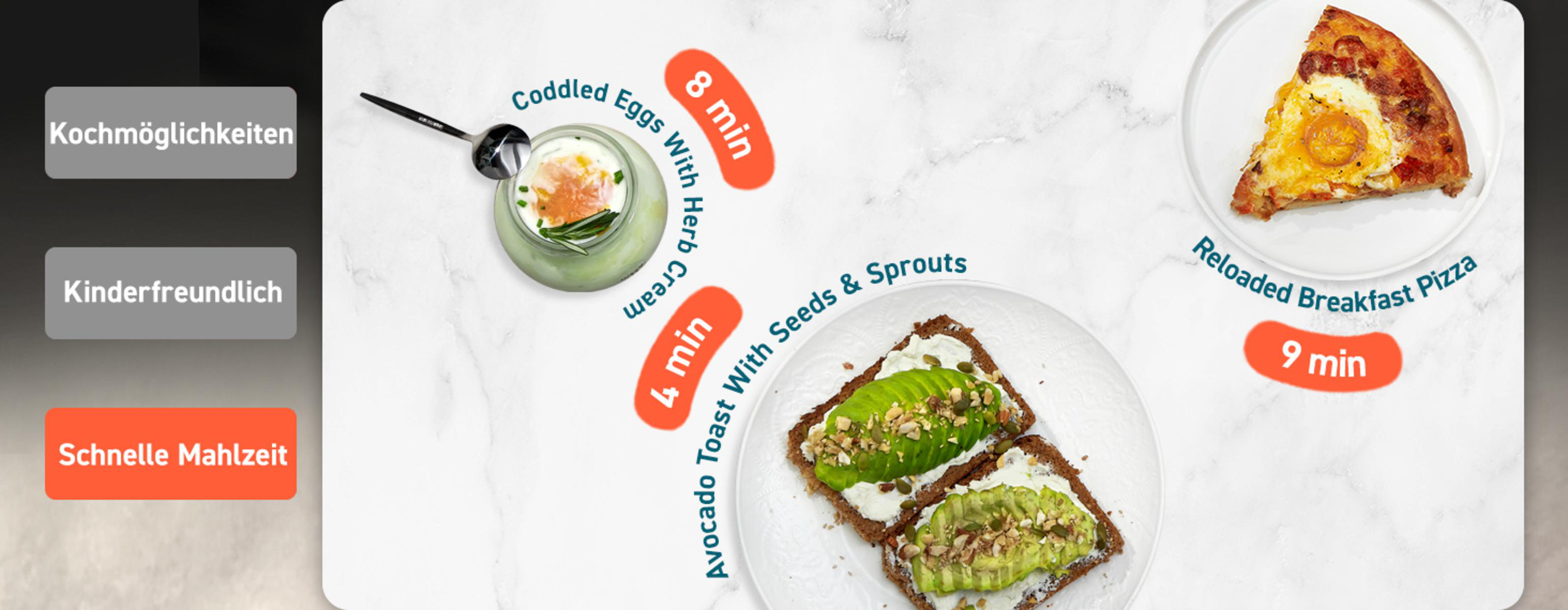 Speisekarte mit pochierten Eiern, Avocado-Toast und Pizza, mit angezeigten Garzeiten.