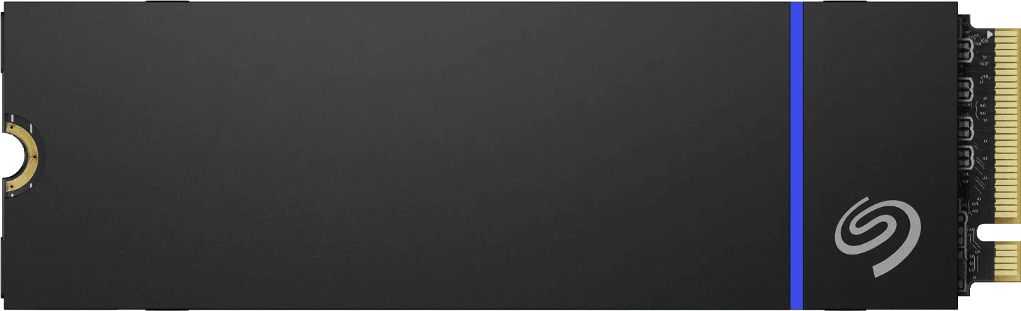 Eine schwarze und blaue Solid-State-Festplatte. Das Seagate-Logo befindet sich auf der rechten Seite.