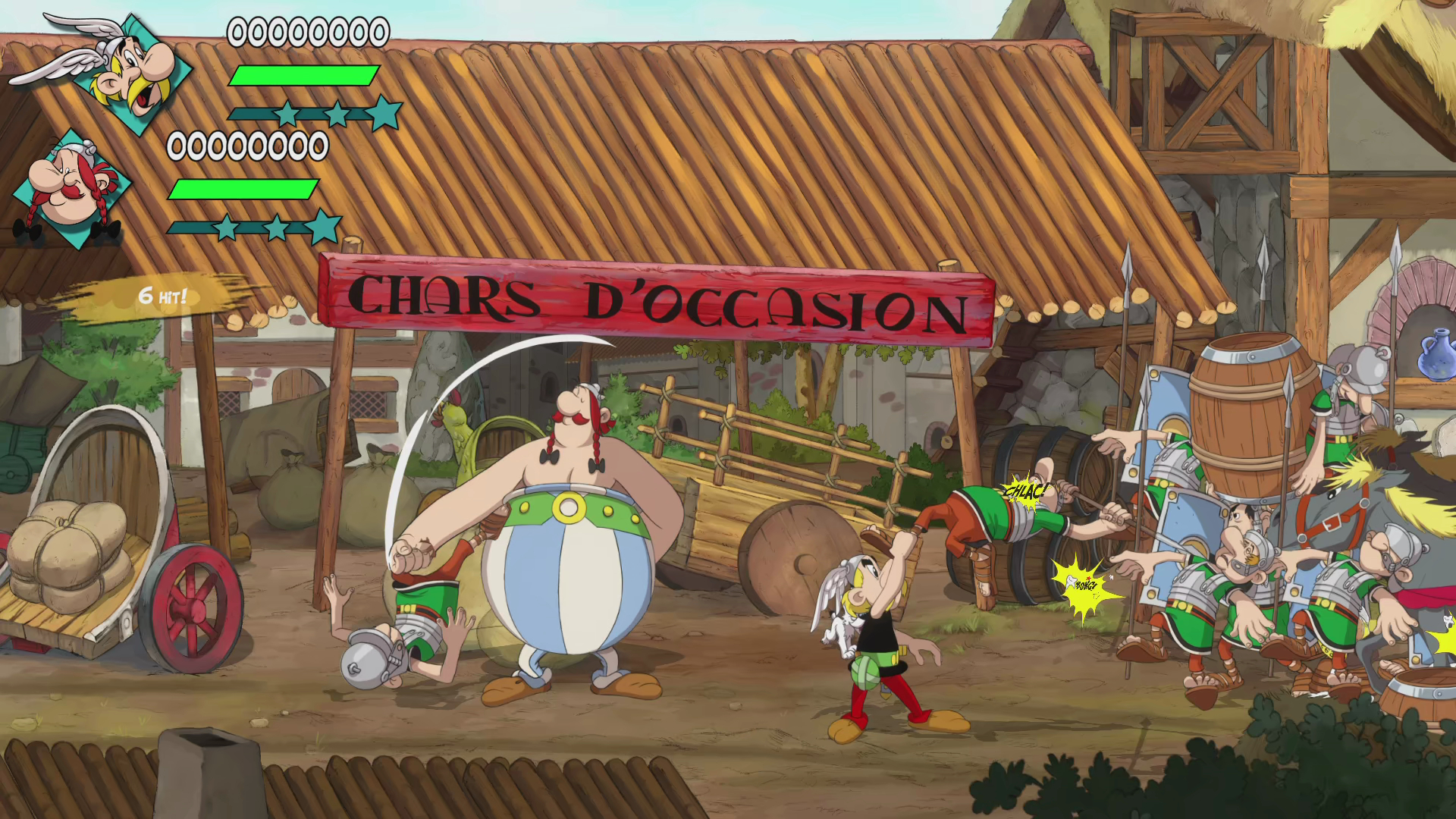 Asterix-Spielszene: Dorf-Kampf. Andere Charaktere sind vorhanden, Cartoon-Stil.