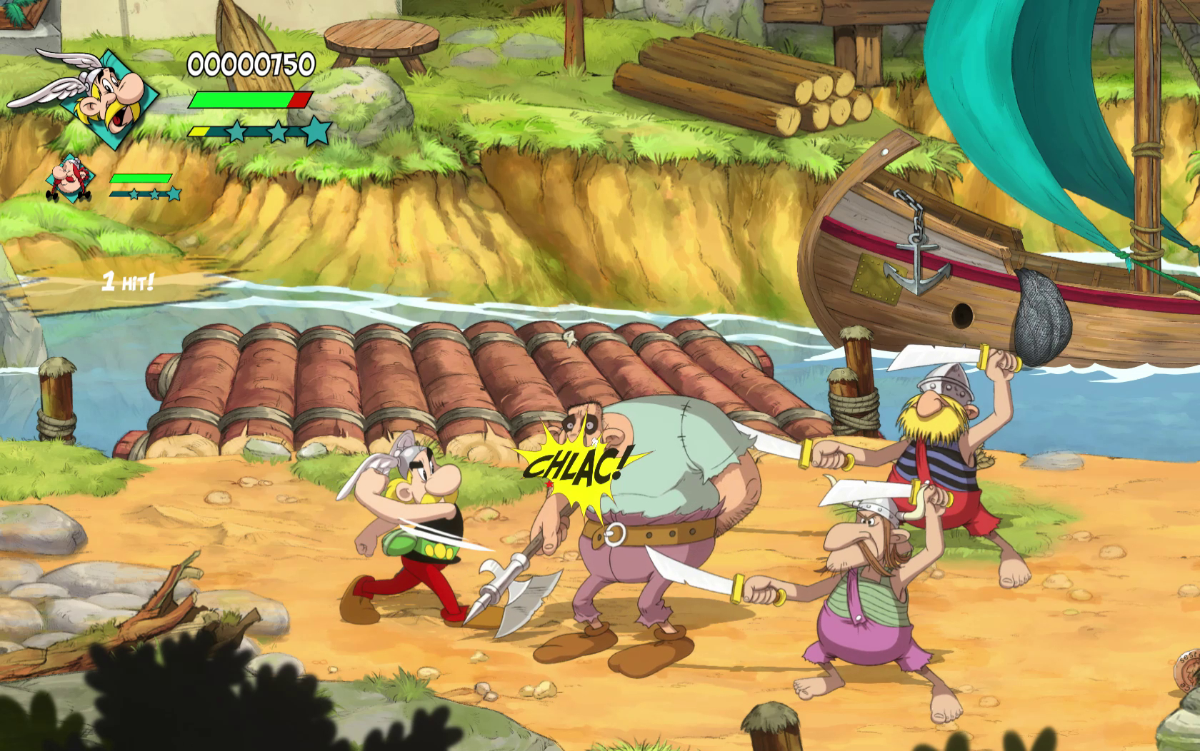 Asterix kämpft gegen Feinde. Ein Boot, eine Brücke und ein Fluss sind im Hintergrund.