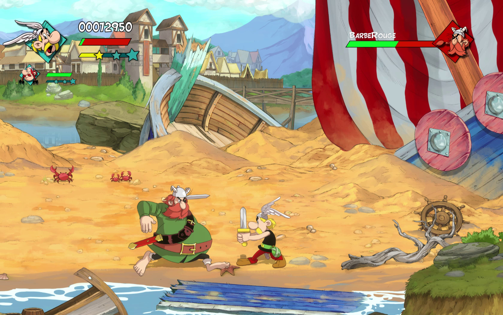 Asterix kämpft mit einem Schwert am Strand gegen einen Wikinger mit einem Boot.