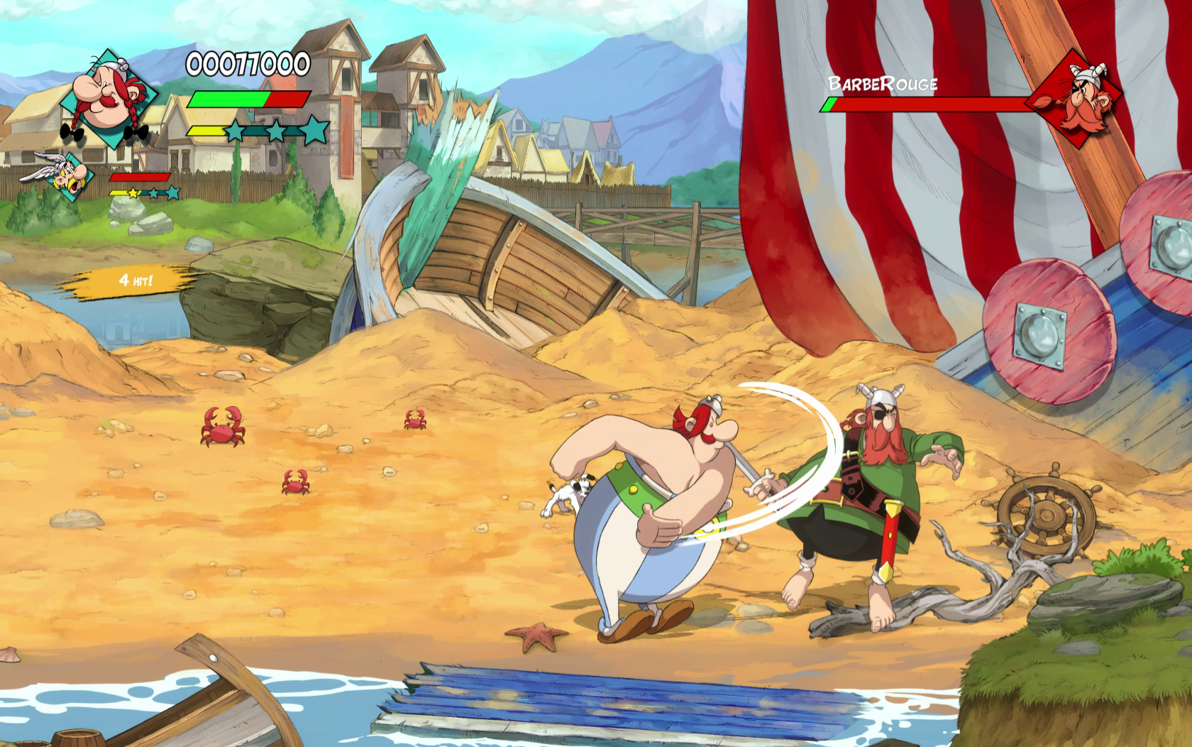 Asterix kämpft am Strand gegen einen Wikinger, im Hintergrund ein Boot. Anzeigetafel und Gesundheitsanzeigen sind sichtbar.
