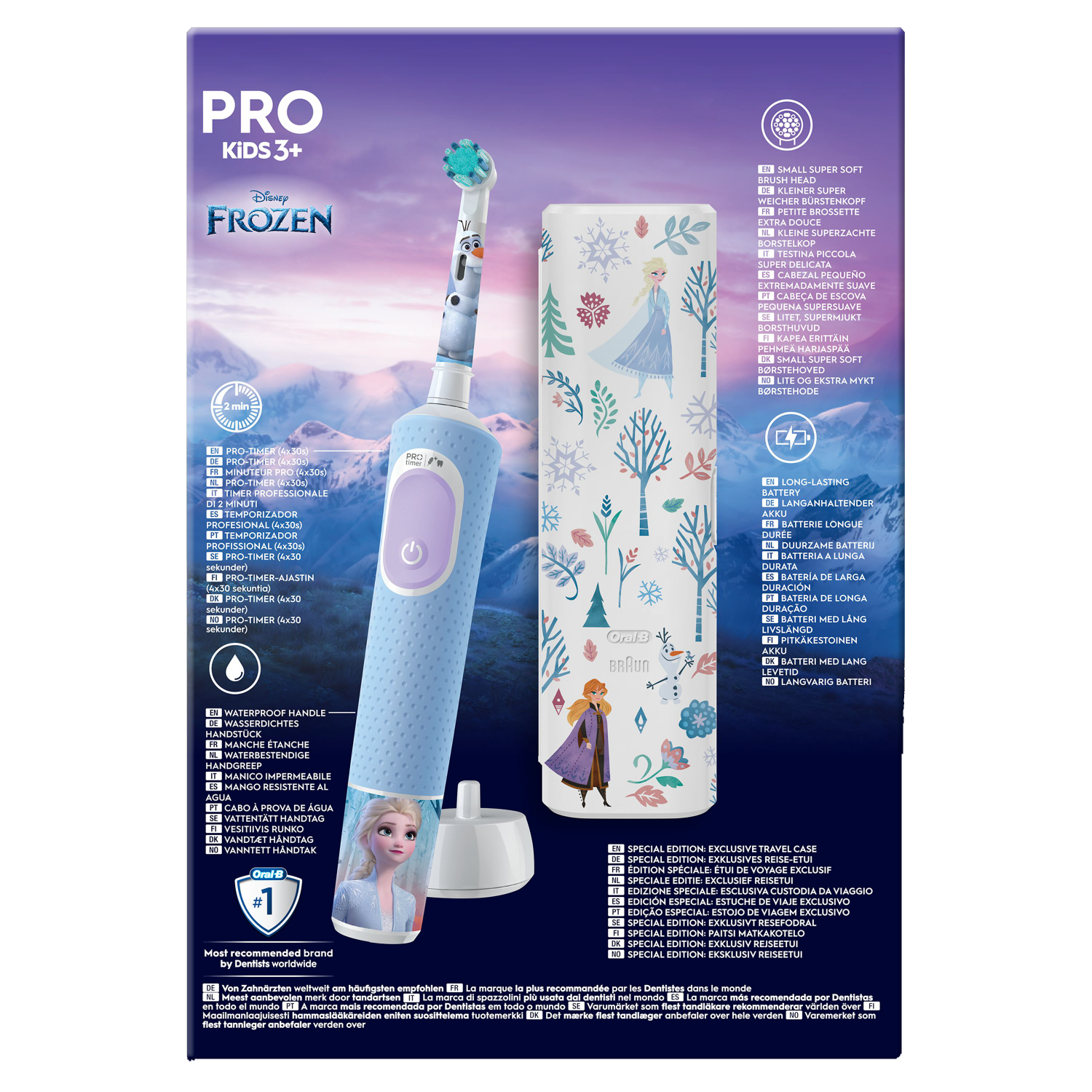 Oral-B Pro Kids 3+ toothbrush with a Frozen theme, box, and charging base.
