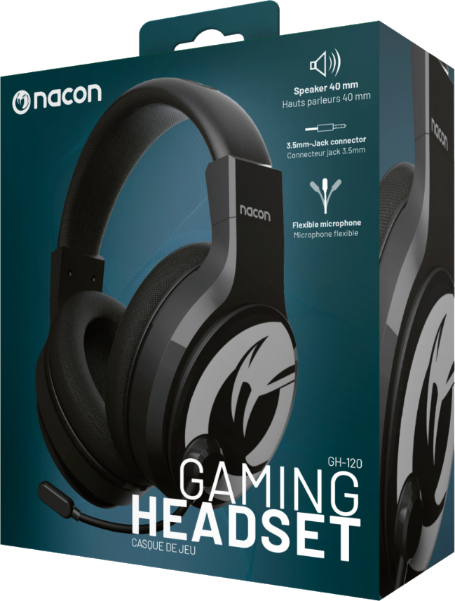 Schwarze Gaming-Headset-Box mit Text und einem Headset. Ein Mikrofon ist sichtbar.