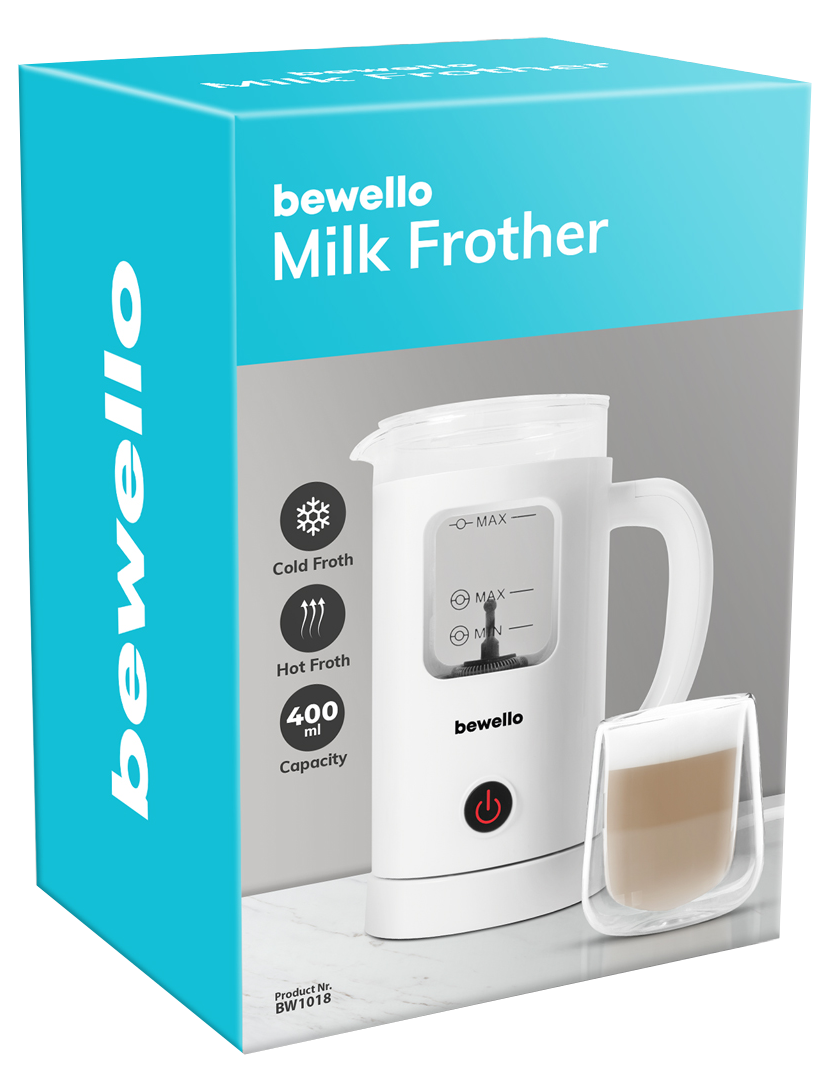 Fehér tejhabosító kék dobozon. Hideg/meleg hab ikonok, 400ml. Egy pohár latte.