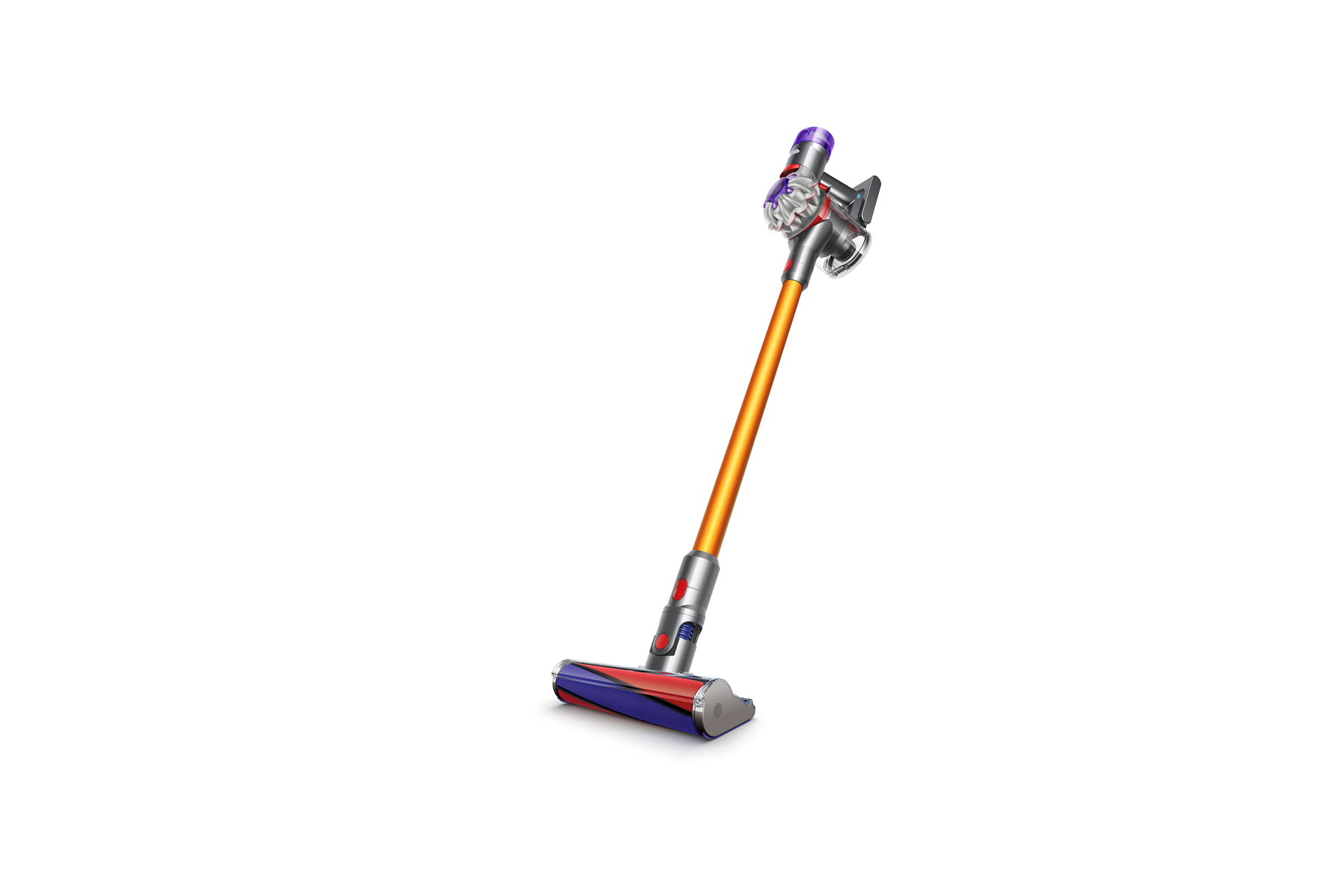 Dyson vezeték nélküli porszívó, narancs és ezüst alkatrészekkel.