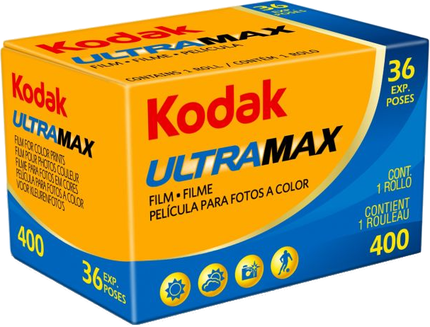 Kodak UltraMax Filmbox, gelb und blau, mit Filmdetails und 36 Aufnahmen für Farbdrucke.