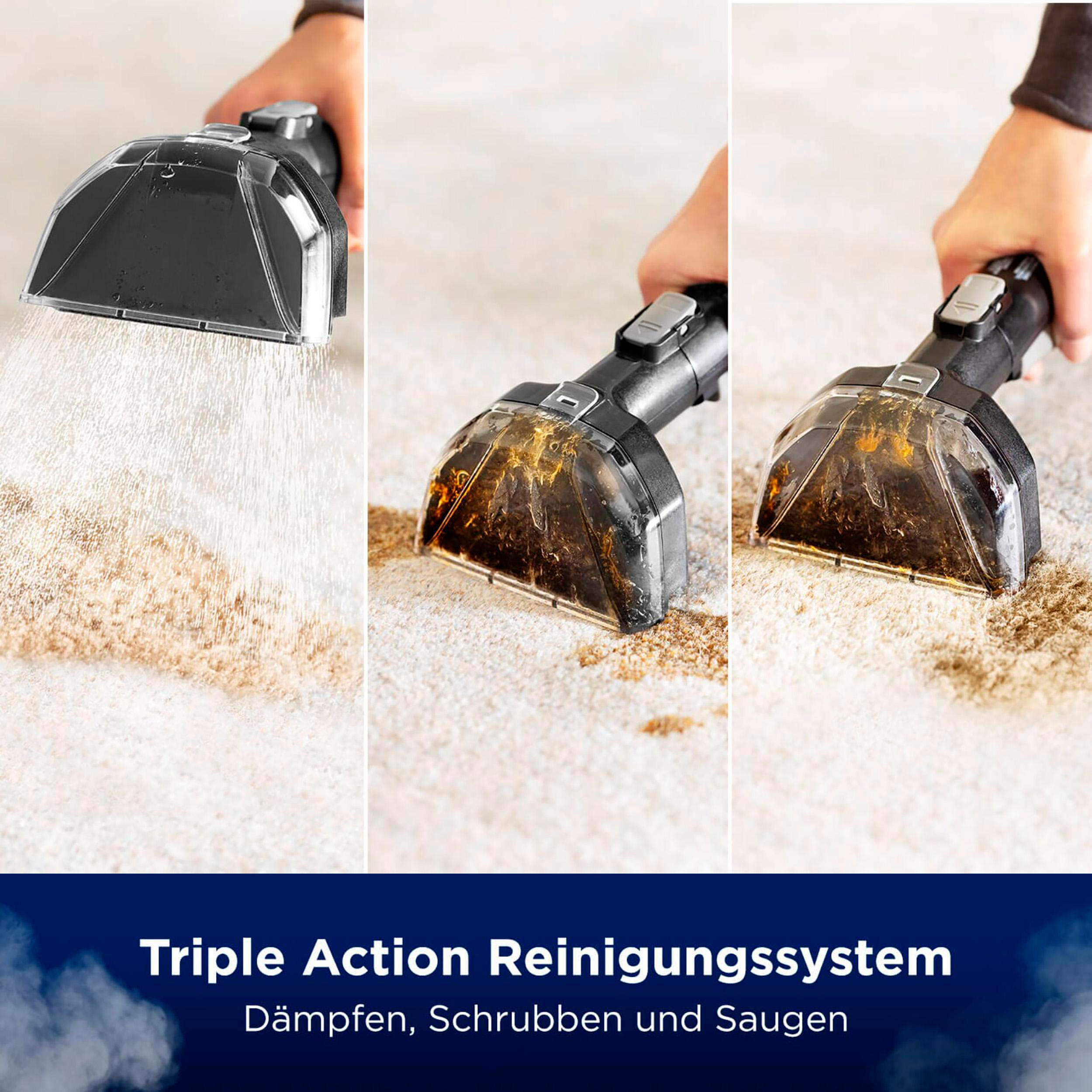 Drei Bilder, die zeigen, wie ein Teppich von einer Maschine gereinigt wird.