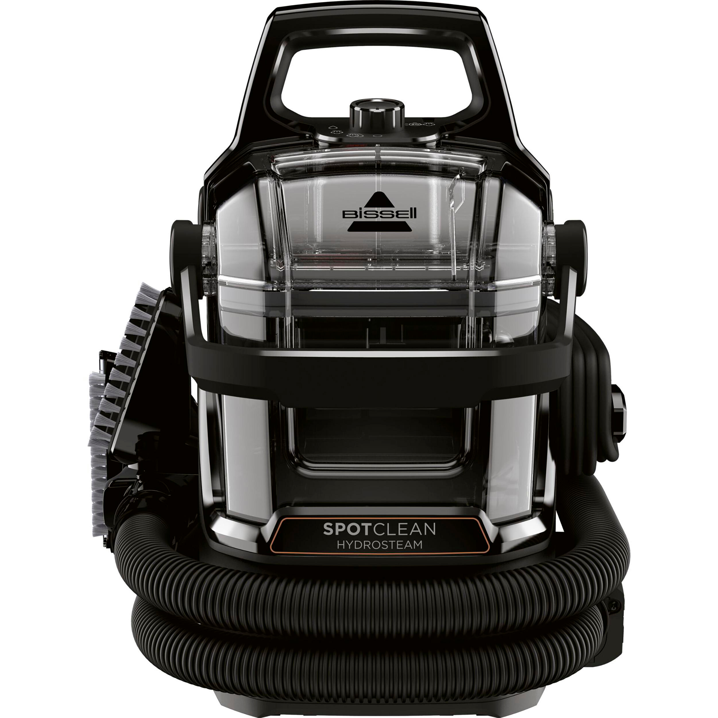 Bissell SpotClean HydroSteam, ein schwarzer und silberner tragbarer Teppichreiniger mit Schlauch.
