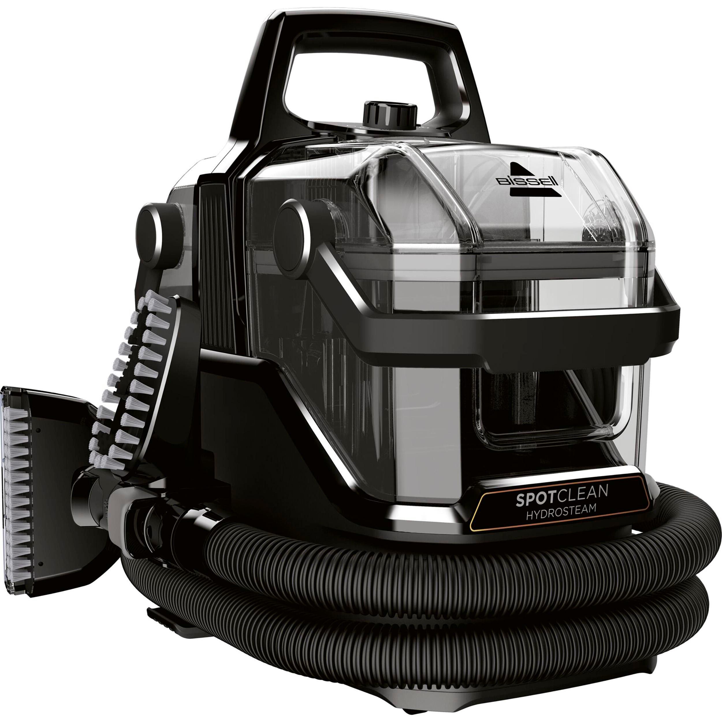 Schwarzer und klarer Bissell SpotClean HydroSteam Reiniger mit Schlauch und Bürste.