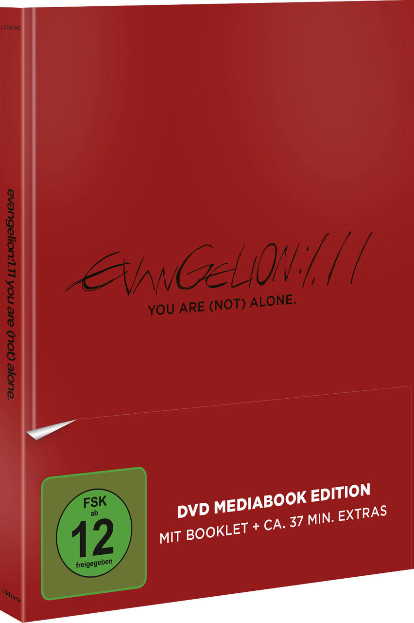 DVD-Hülle. Rot mit dem Titel „Evangelion: 1.11 You Are (Not) Alone“ und einer Altersfreigabe von 12.
