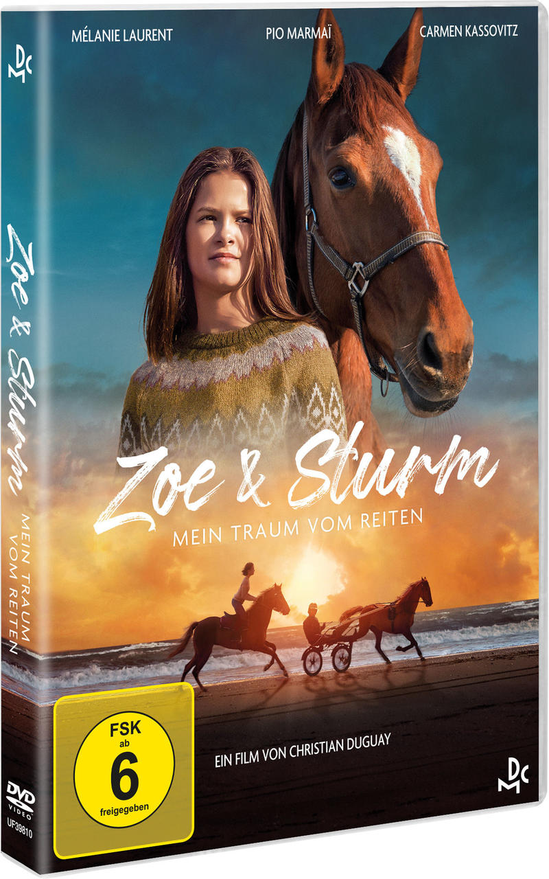 DVD-Cover des Films Zoe & Sturm. Ein Mädchen und ein Pferd am Strand sind abgebildet.