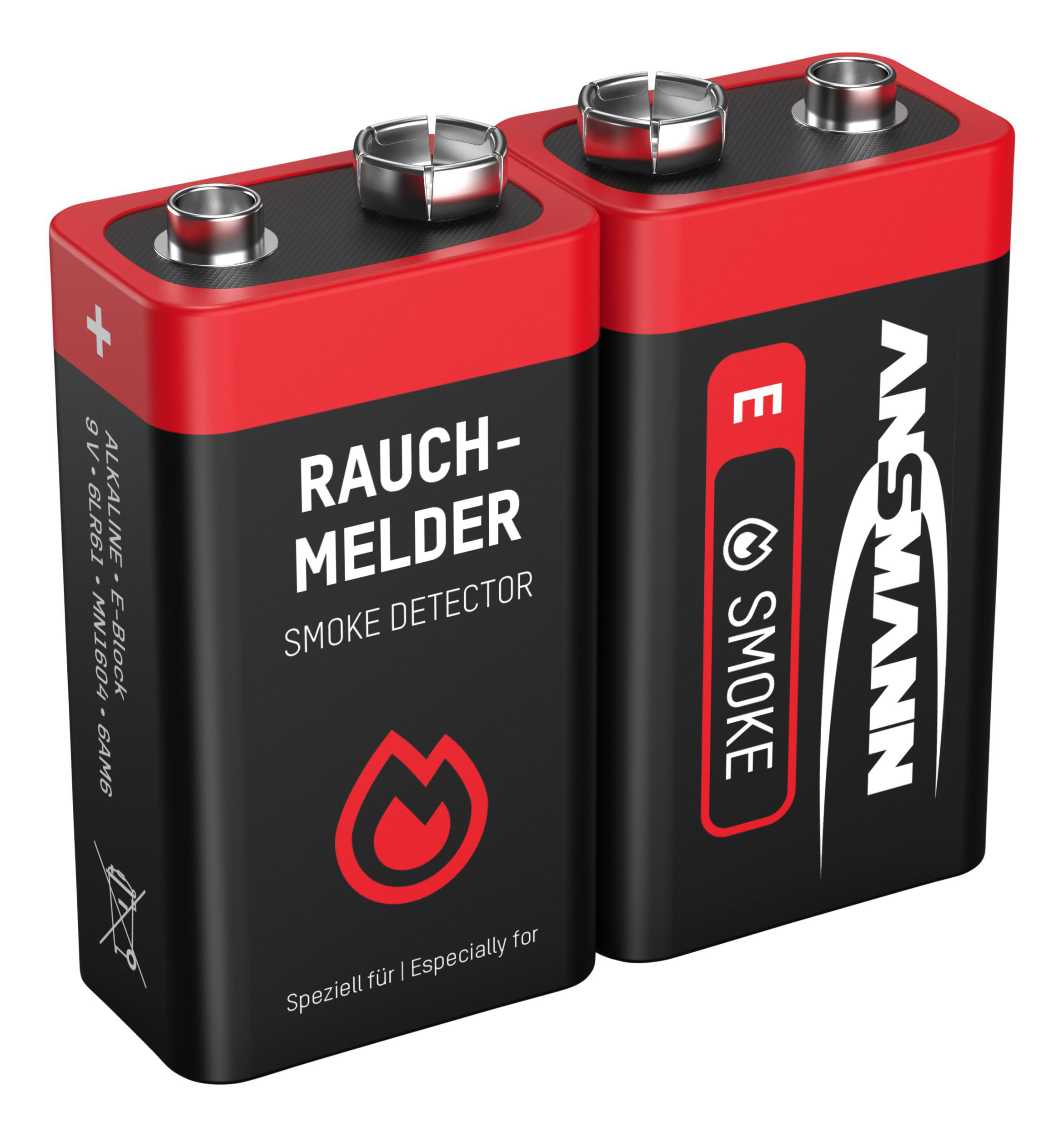 Zwei schwarze und rote Rauchmelderbatterien mit der Aufschrift "RAUCHMELDER".