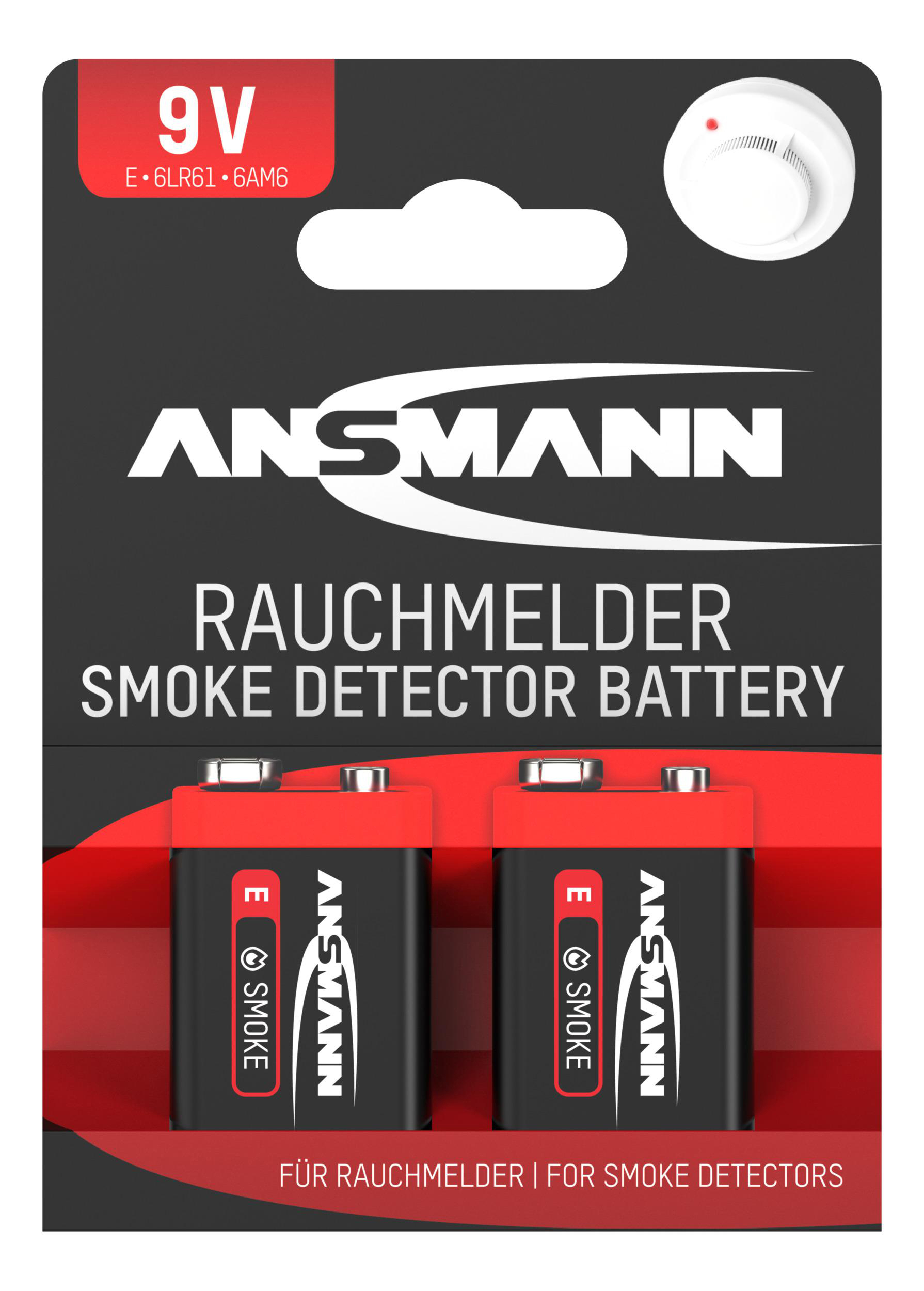 Zwei Rauchmelderbatterien in einer Packung mit rotem und weißem Design.