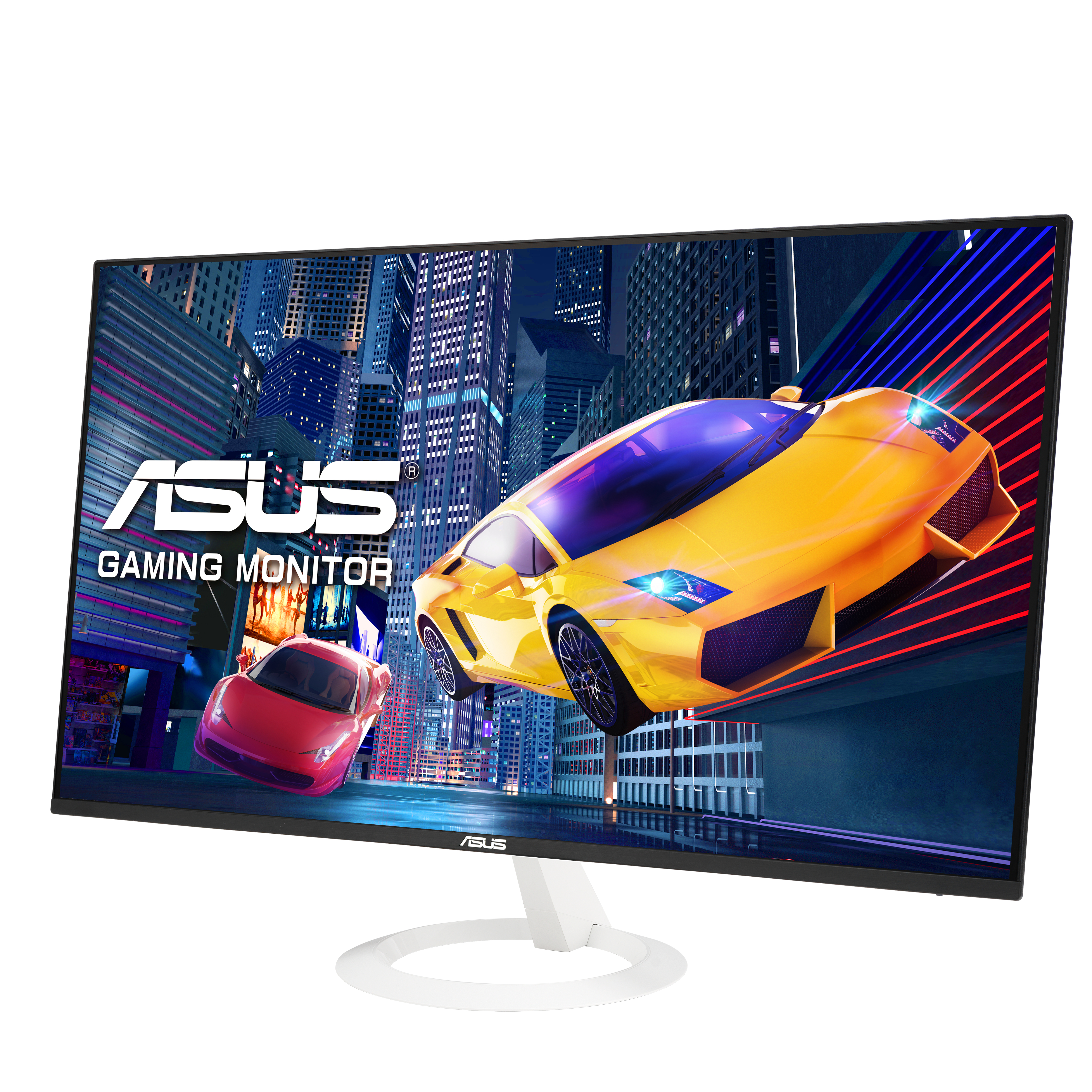 ASUS Gaming Monitor mit einem gelben Auto, das ein rotes Auto in einer Stadt bei Nacht jagt.