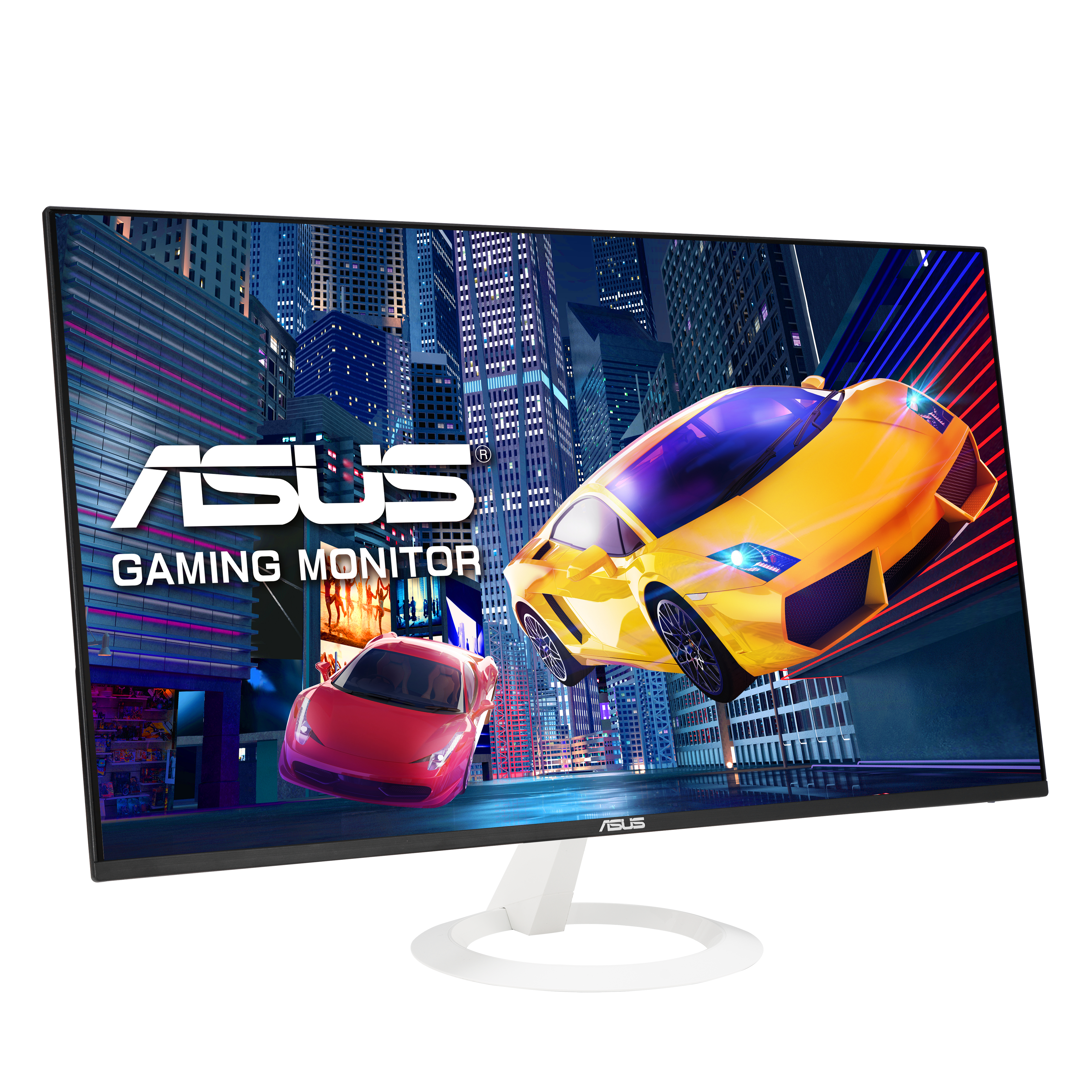 Asus Gaming Monitor, gelbe und rote Autos auf dem Bildschirm, mit weißem Sockel.