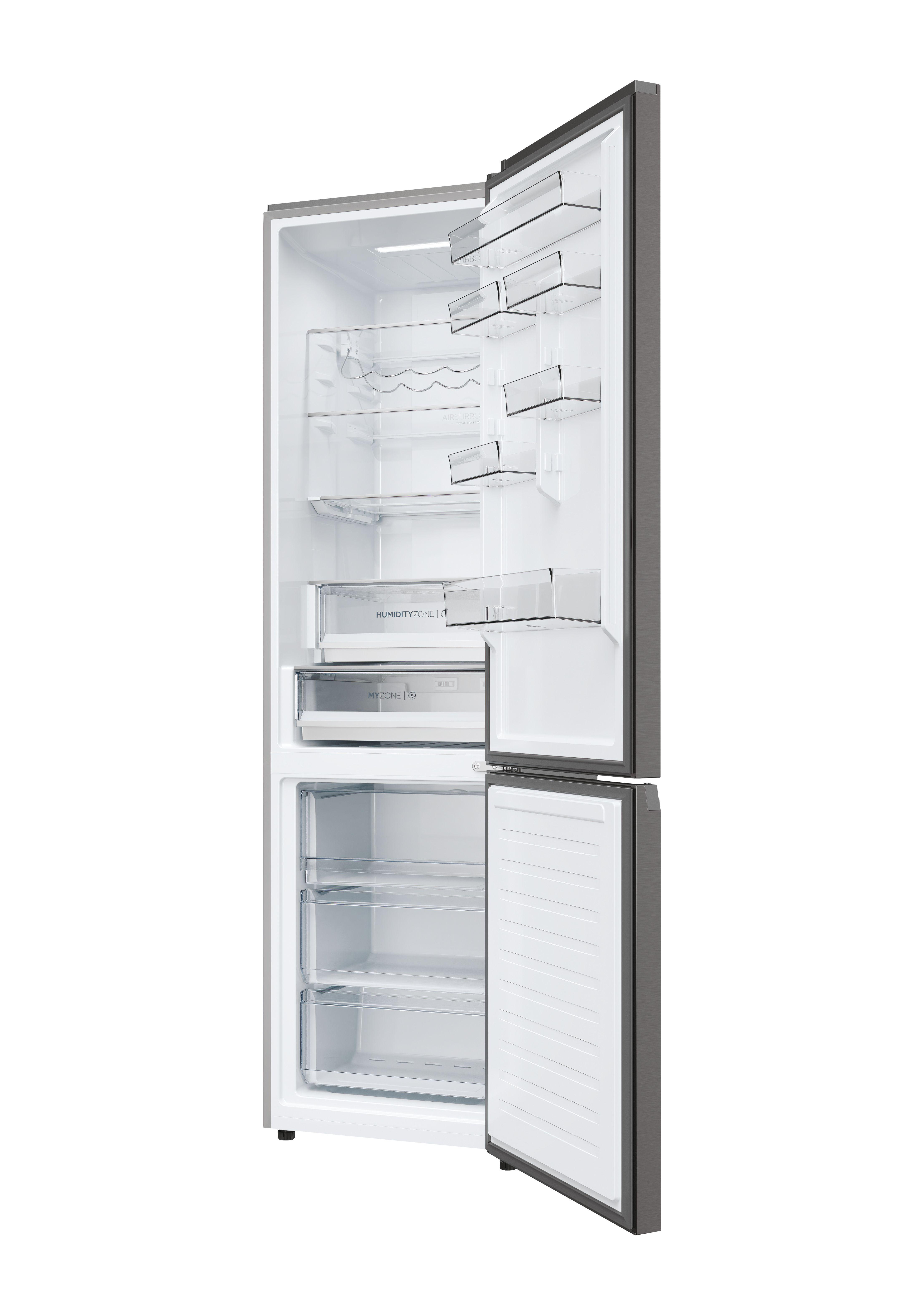 Ein Kühlschrank mit geöffneter Tür, der Regale, Schubladen und eine dunkelgraue Außenseite zeigt.