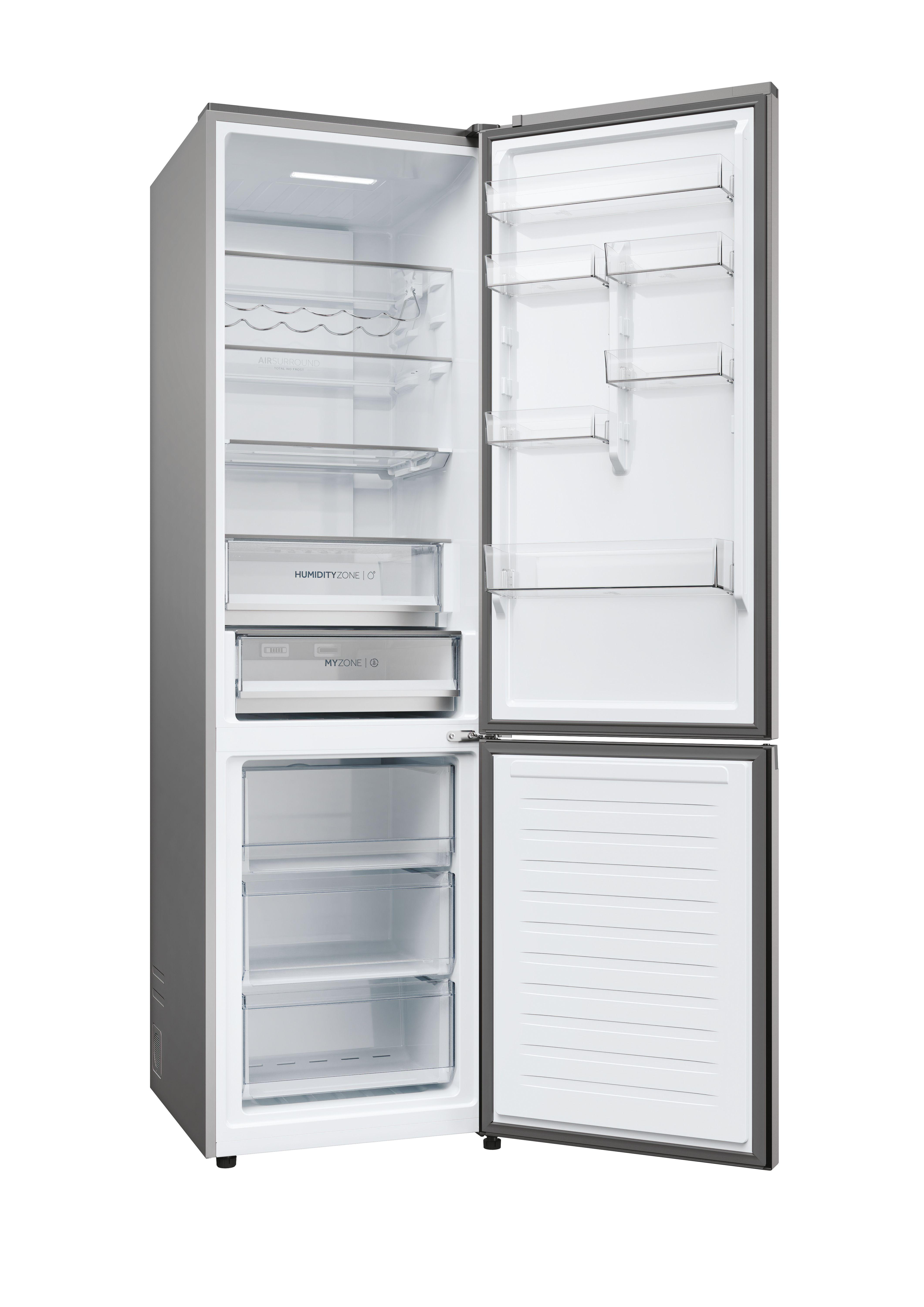 Ein silbergrauer Kühlschrank mit offenen Türen, der Regale und Schubladen zeigt.