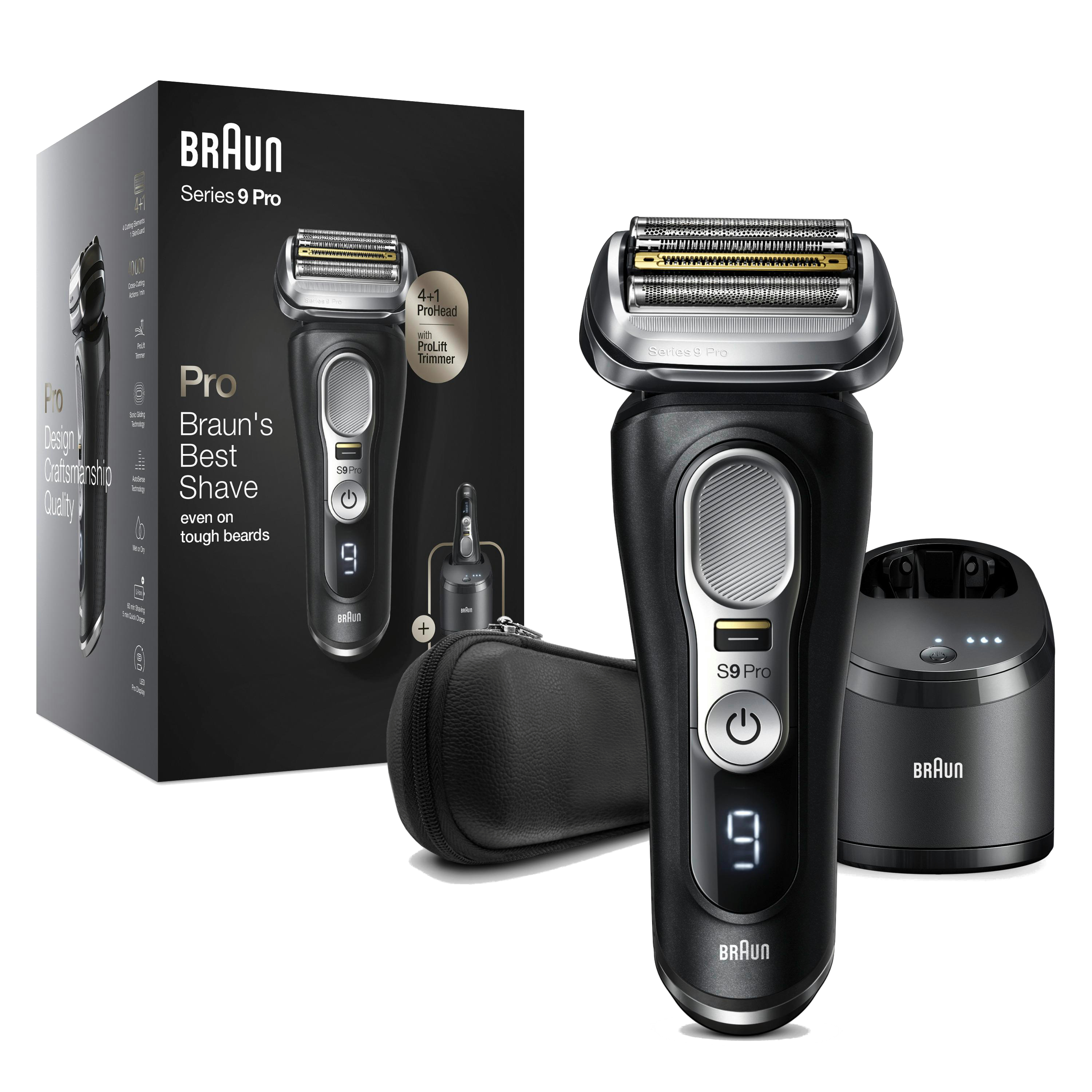 Braun Series 9 Pro Elektrorasierer-Set. Enthält Rasierer, Ladestation, Reiseetui und Produktbox mit Funktionen.