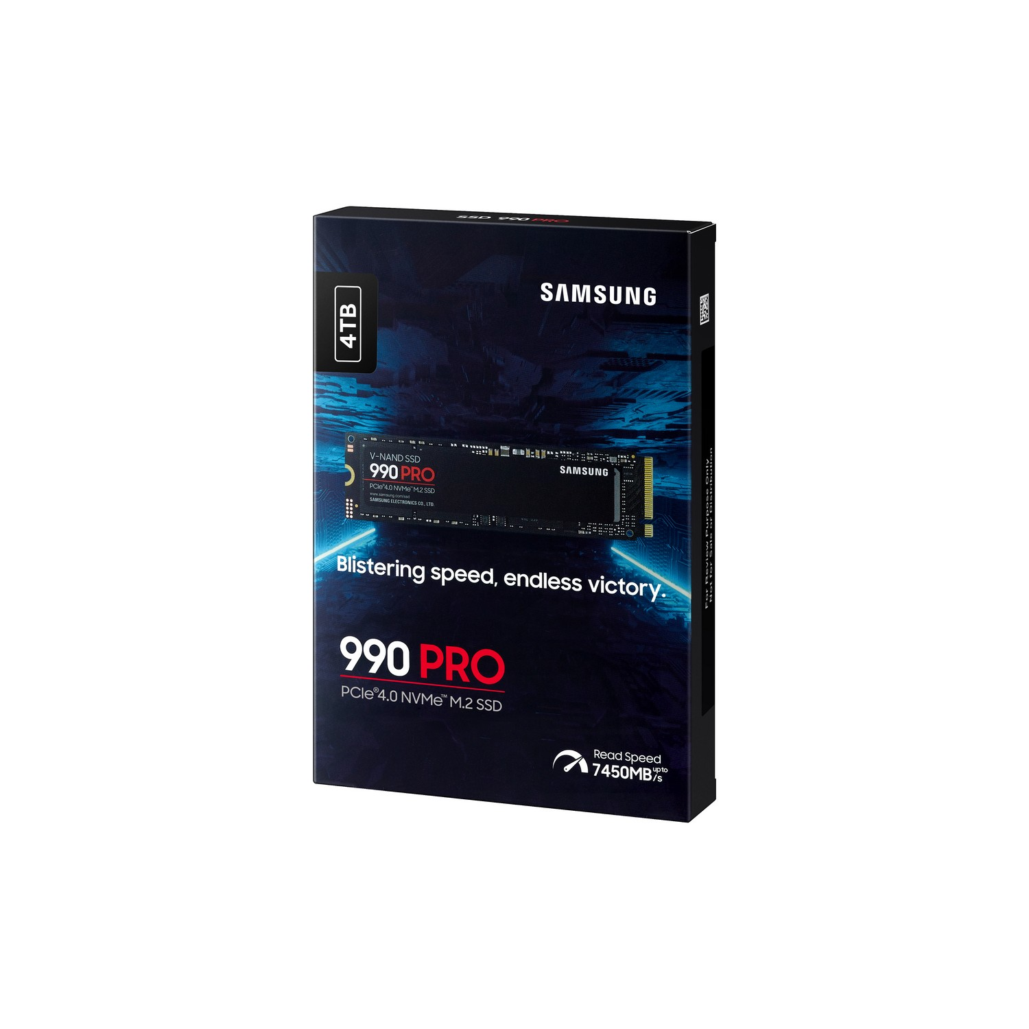 SSD box with Samsung logo, 4TB capacity. Text: Blistering speed, endless victory.
