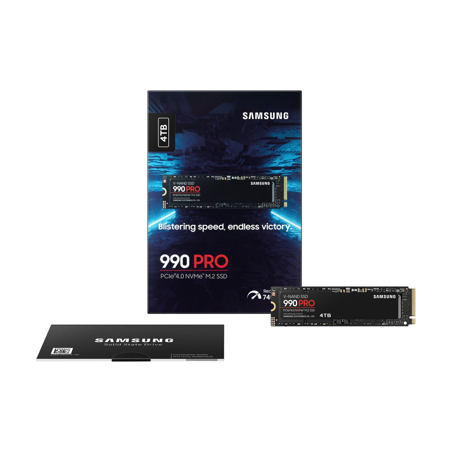 A Samsung 990 PRO SSD box and drive, with text 'Blistering speed, endless victory'.
