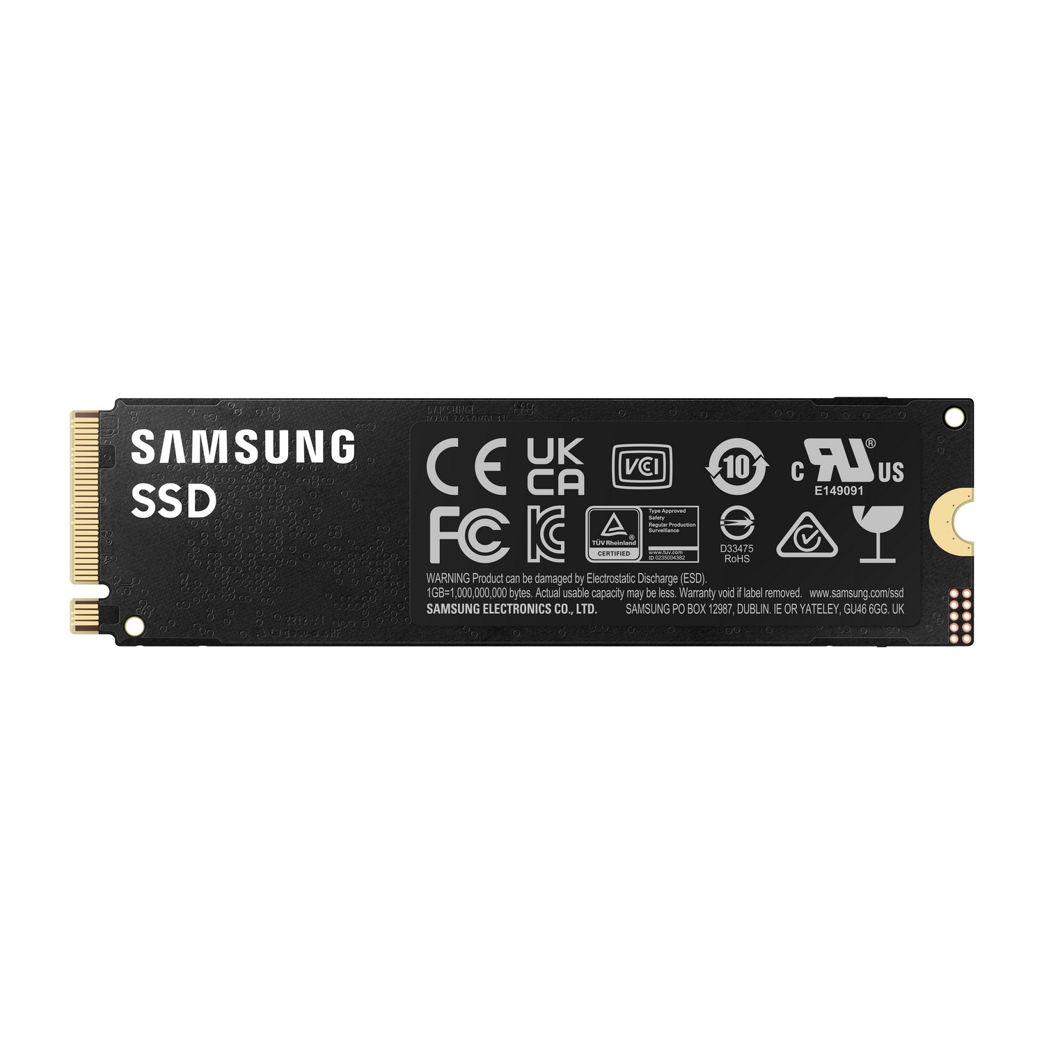 Black Samsung SSD with logos and markings. Contains warnings and technical details.