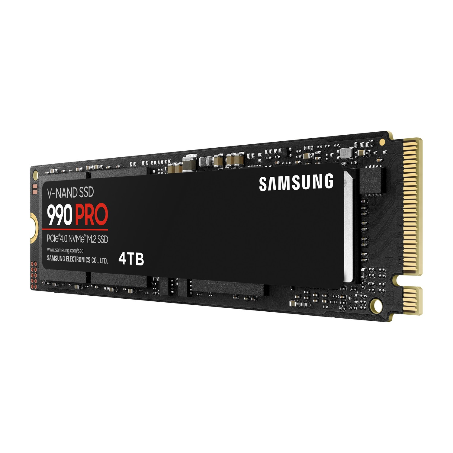 Black SSD with white text on the label. Samsung 990 PRO 4TB is visible.