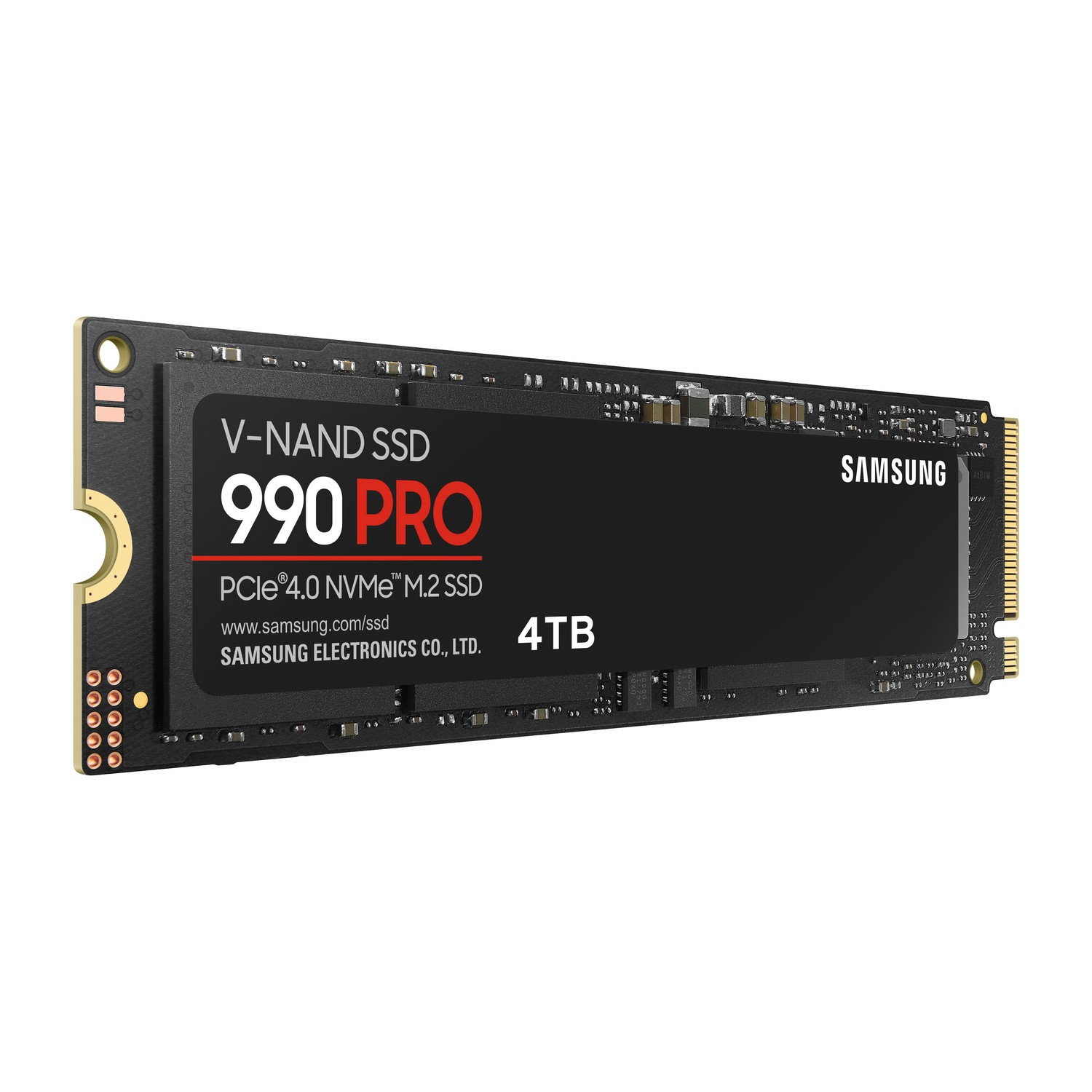 Black Samsung 990 PRO NVMe SSD with product details on the label.