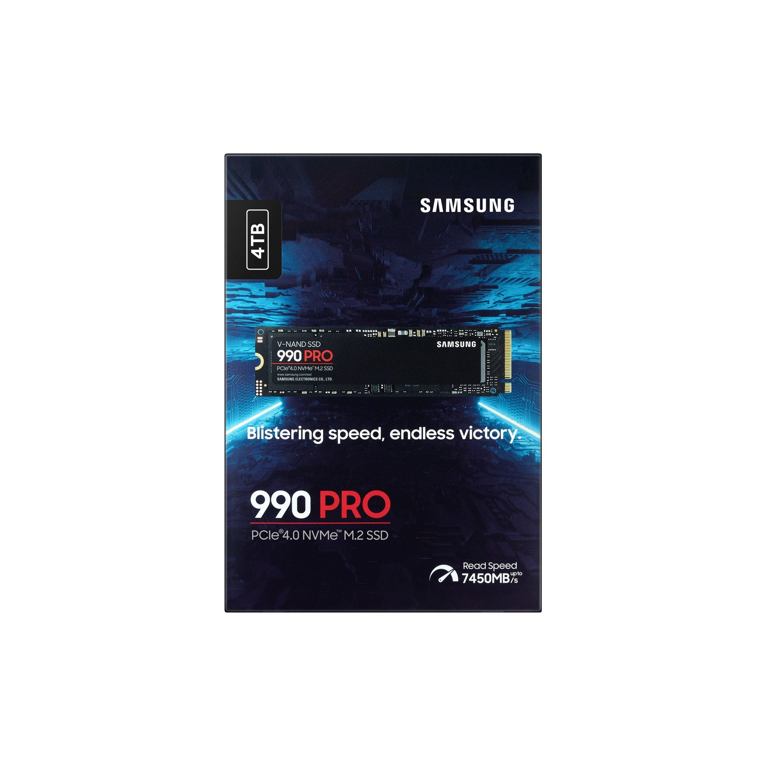 Black SSD box, displaying a 990 PRO SSD. Text says Blistering speed, endless victory.