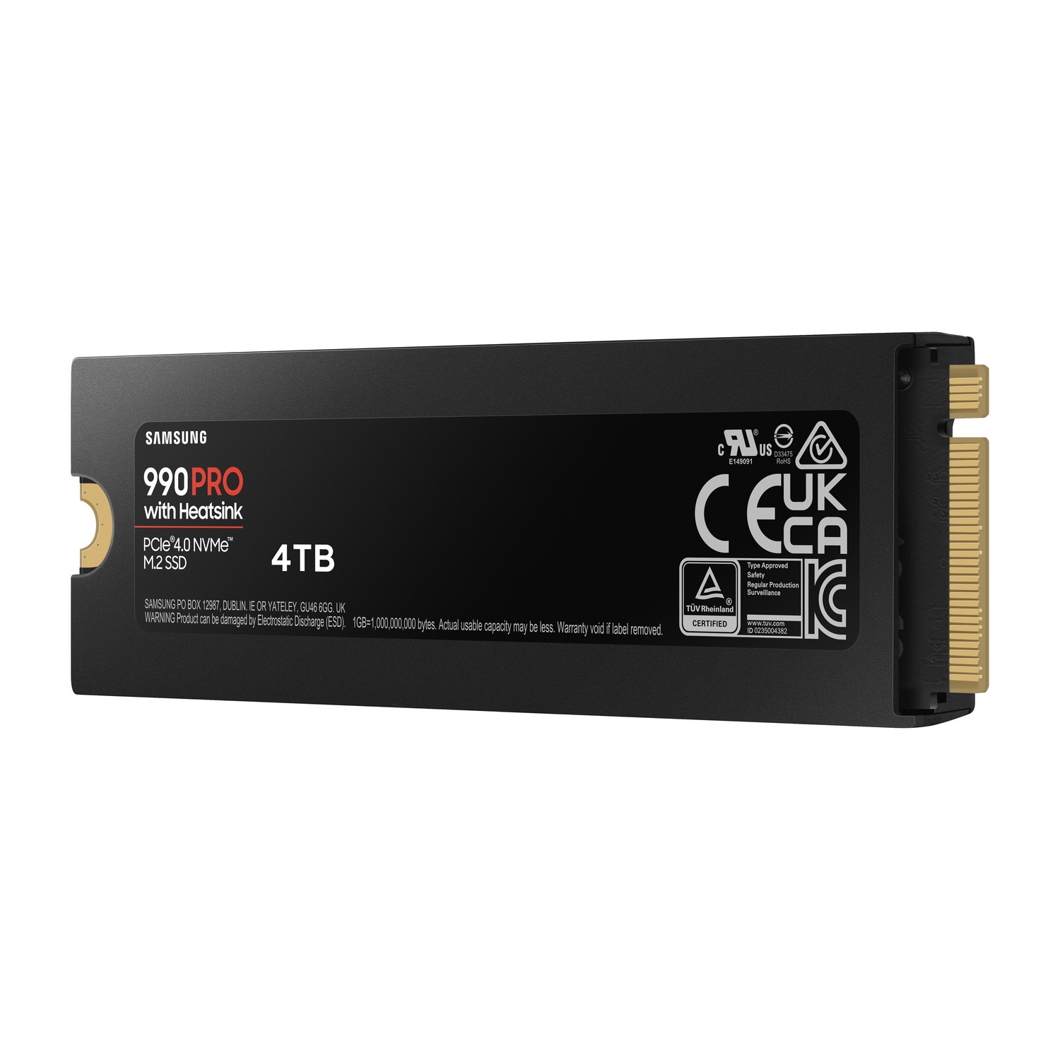 Een zwarte Samsung 990 Pro SSD met heatsink, 4 TB capaciteit en PCI express interface.