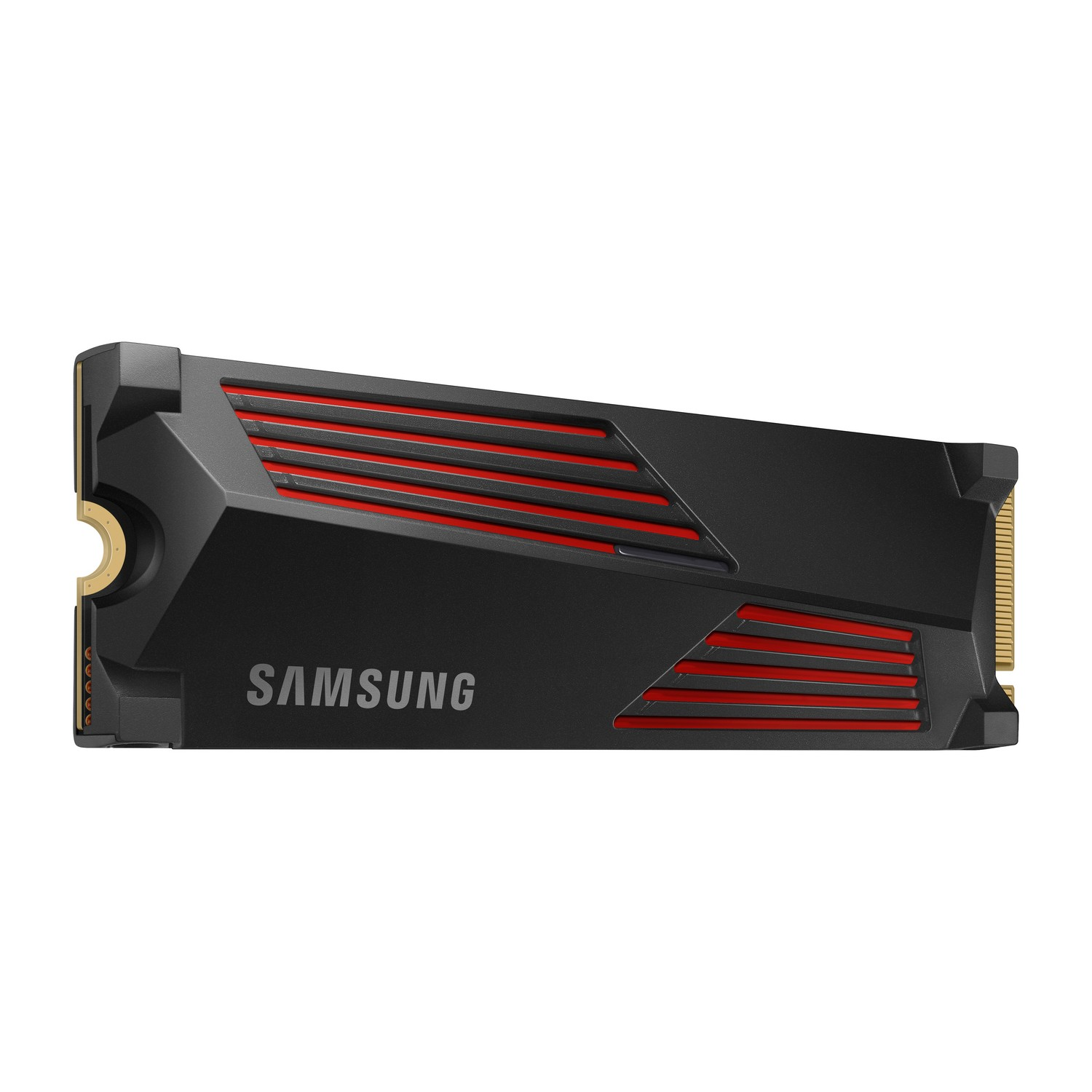 Een zwarte en rode solid-state drive (SSD) met de naam SAMSUNG erop.
