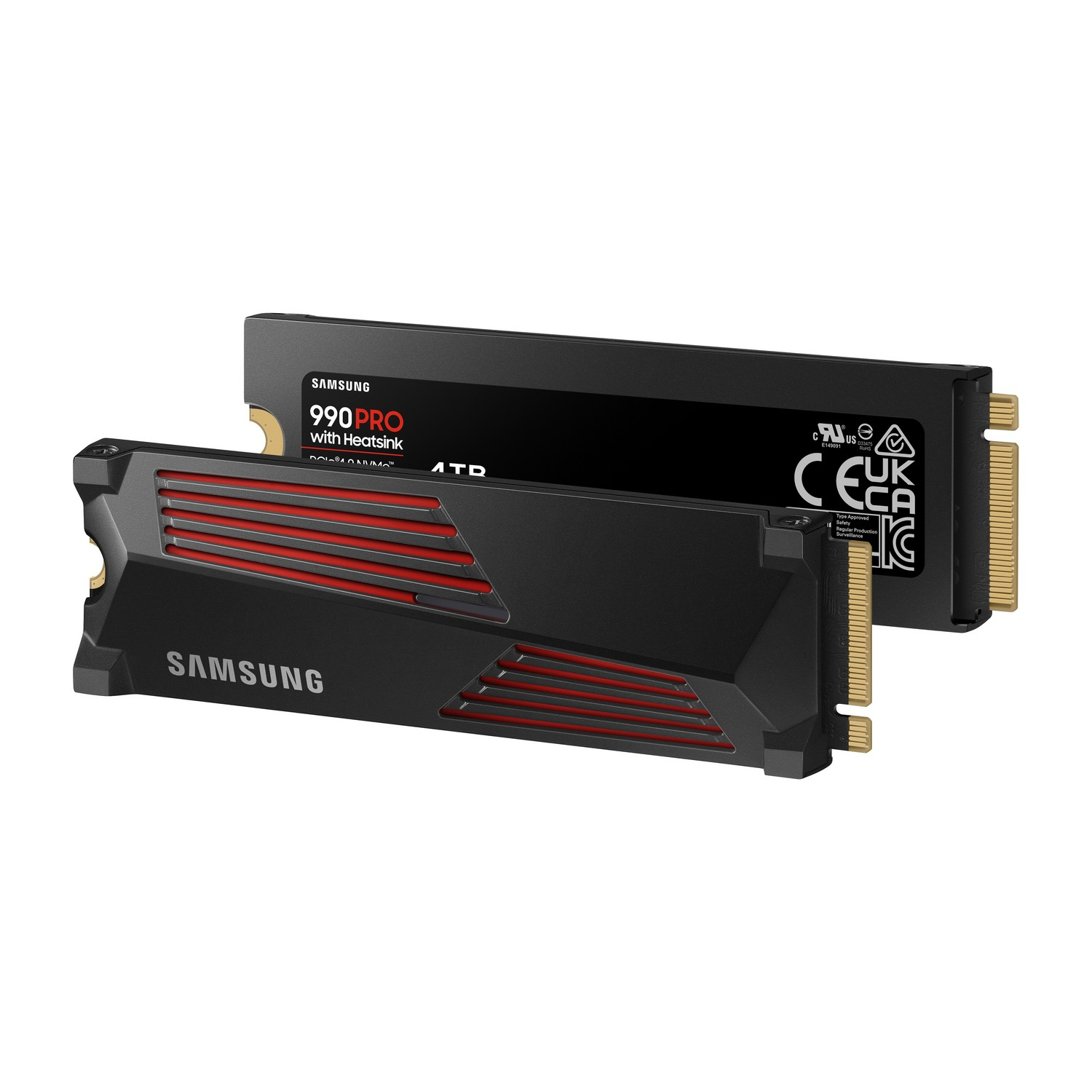 Twee zwarte SSD's met rode accenten en koelplaten, met het merk Samsung.