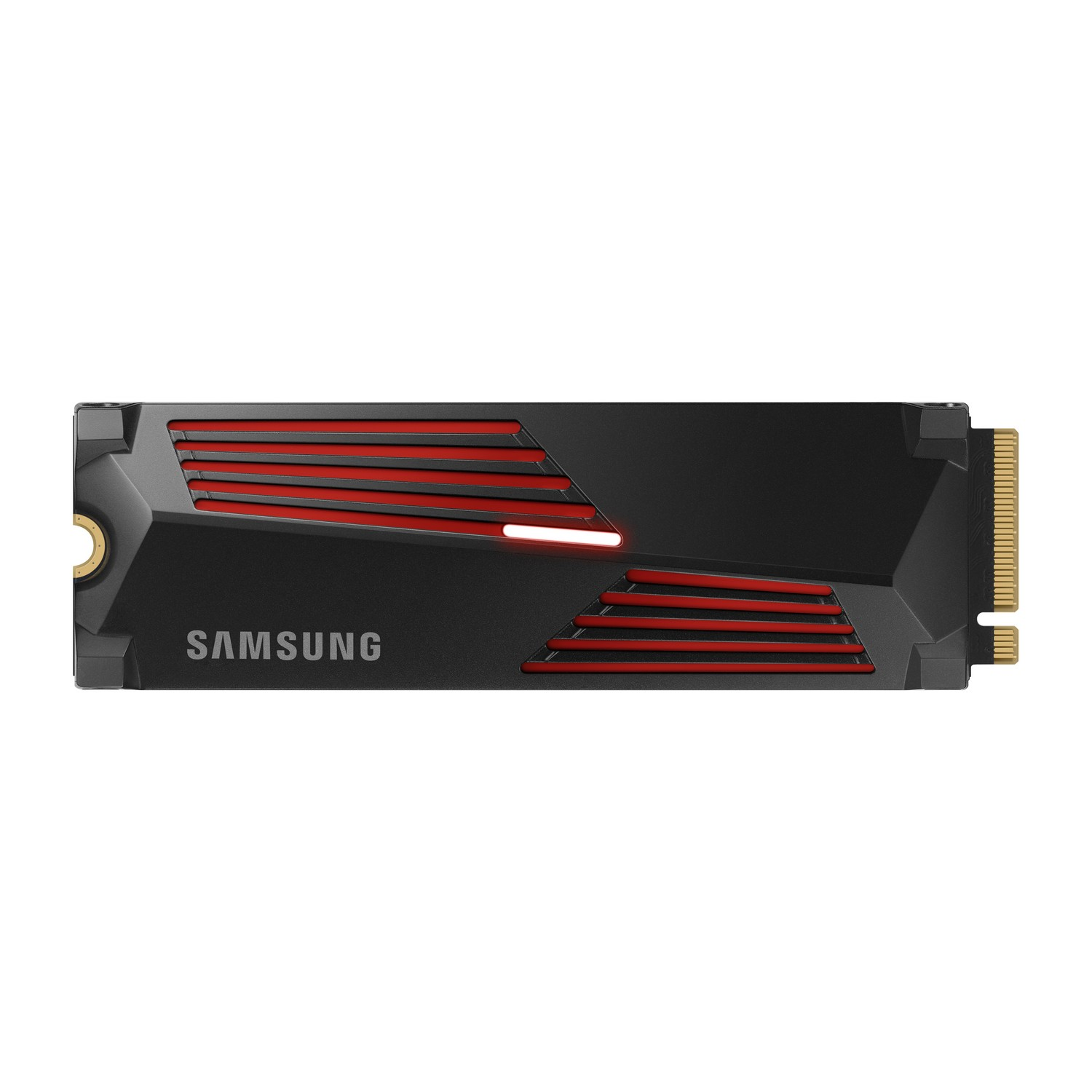 Zwarte en rode SSD. Samsung logo is zichtbaar. Rode lijnen in het midden.