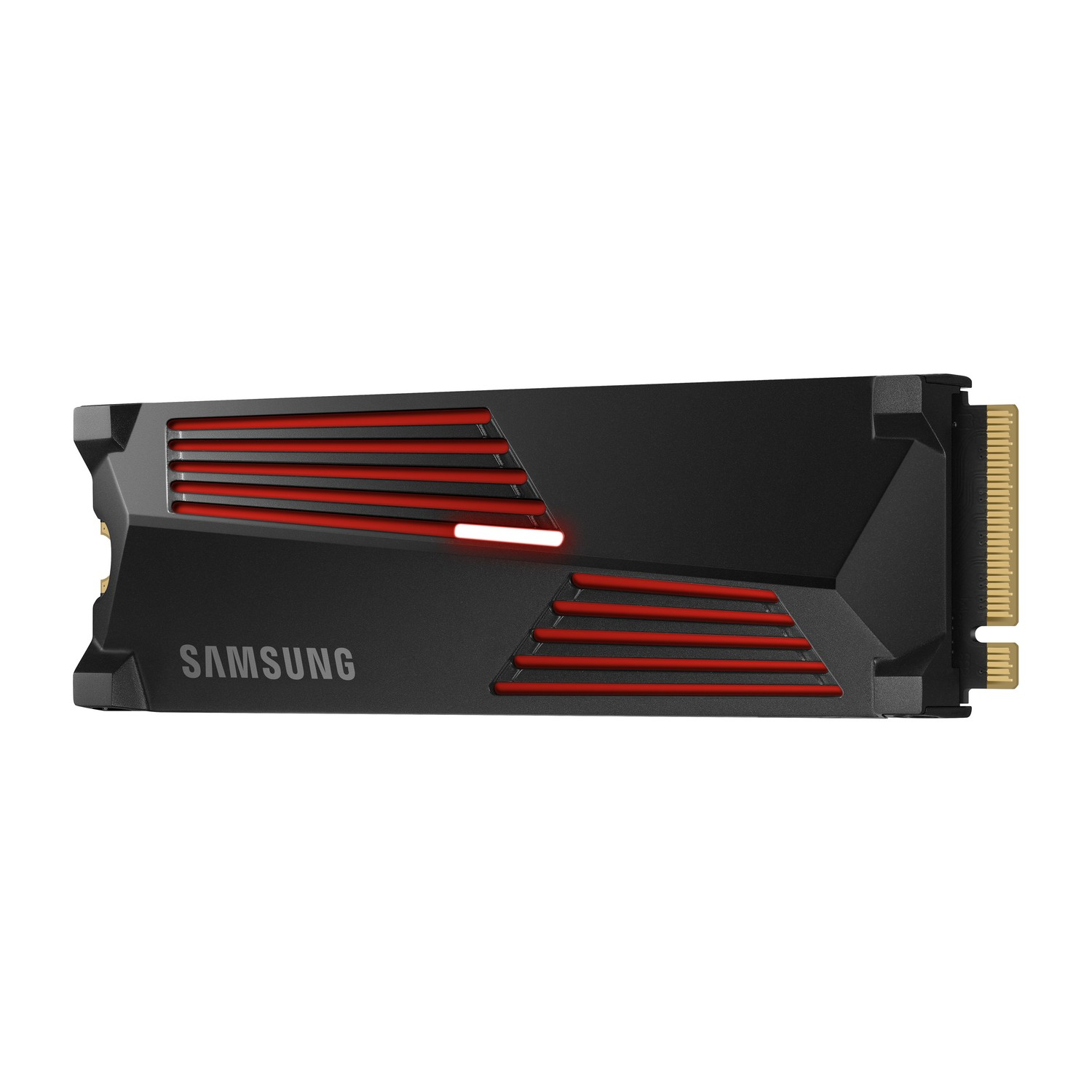 Zwarte en rode Samsung SSD met een rode lichtstrip.