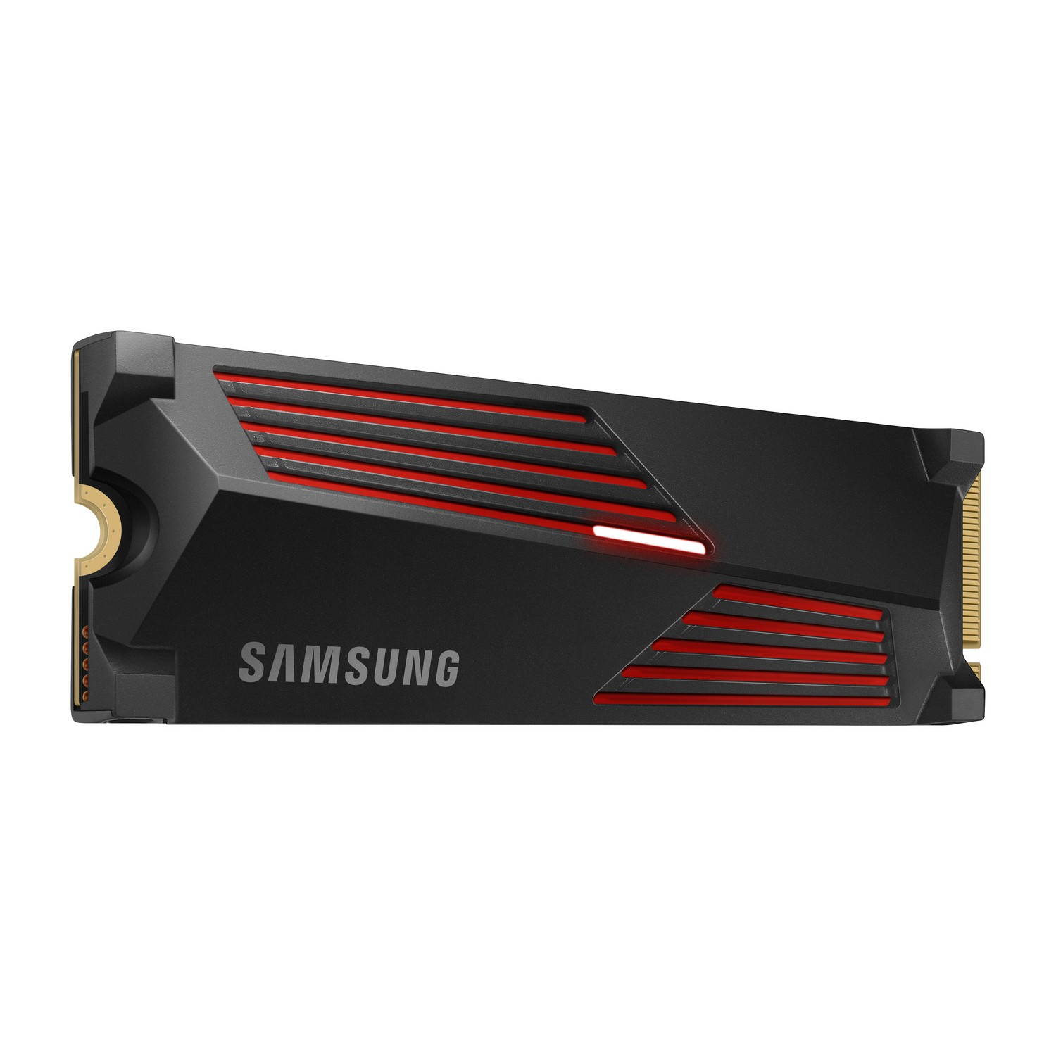 Zwarte Samsung SSD met rode accenten. Het woord SAMSUNG is zichtbaar.